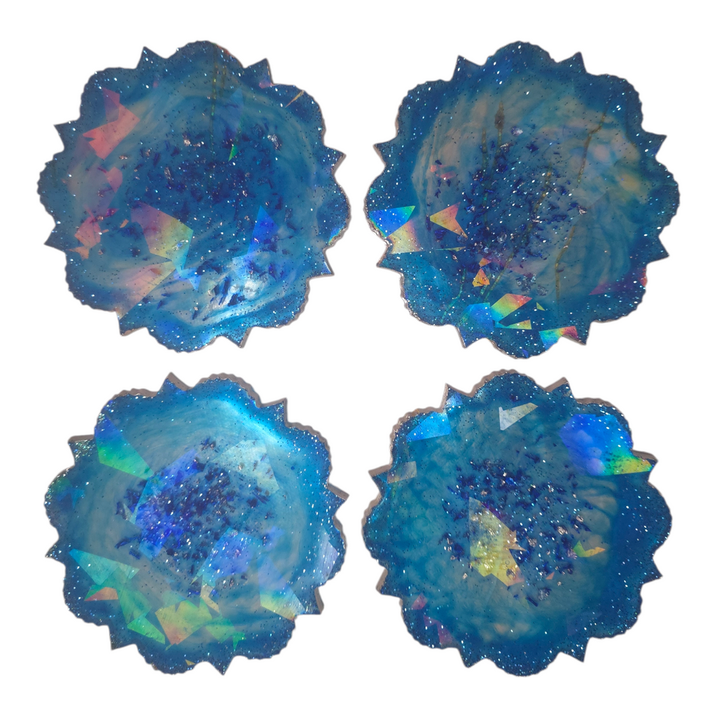 Lot de 4 dessous de verre artisanaux en résine – Bleu inspiré de l’Orient (Ø 10,5 cm)