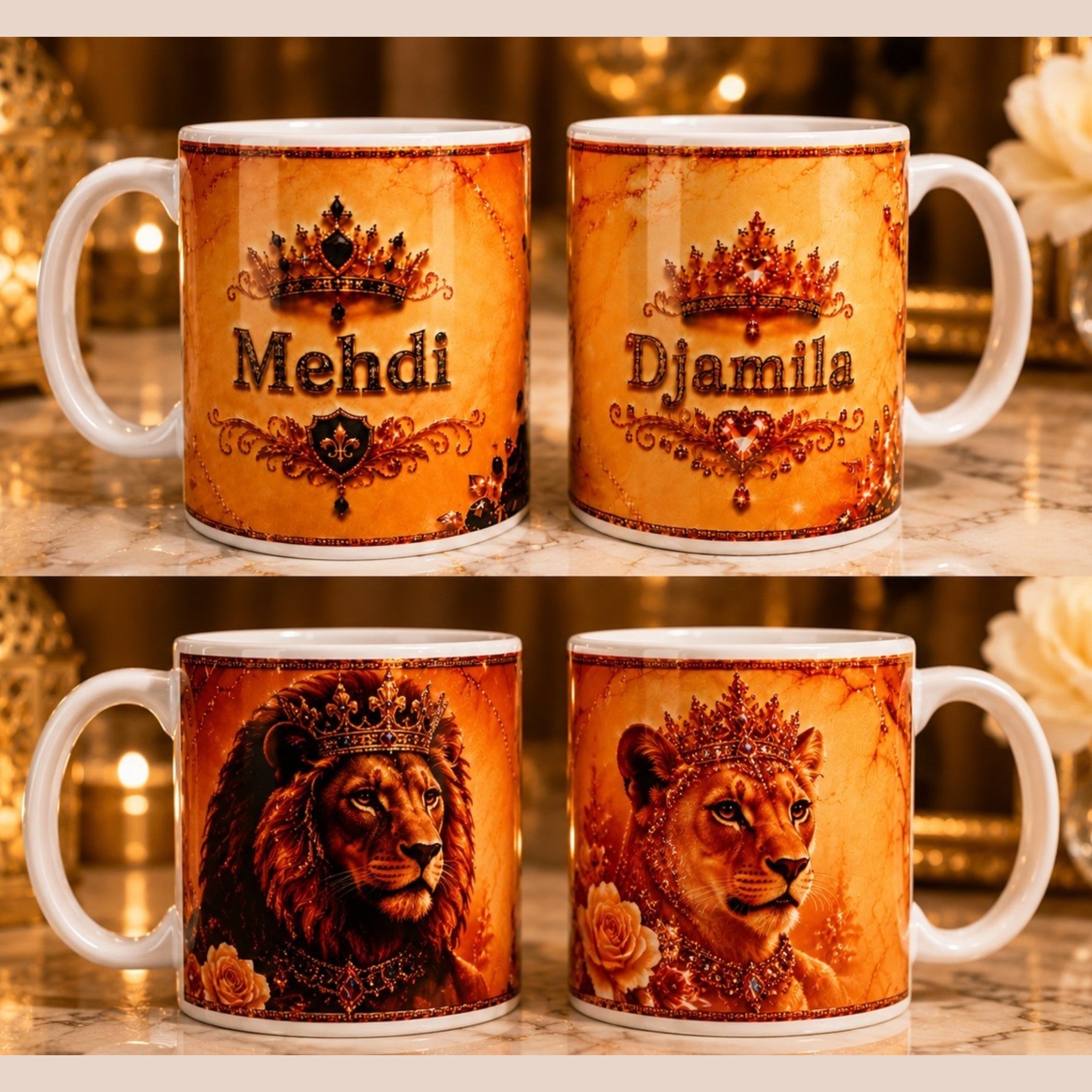 Mug Couple Lion & Lionne Personnalisé – Cadeau avec Prénoms – Tasse Céramique 11 oz