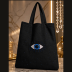 Sac tote bag noir en coton fait main – strass œil protecteur – 36x41 cm
