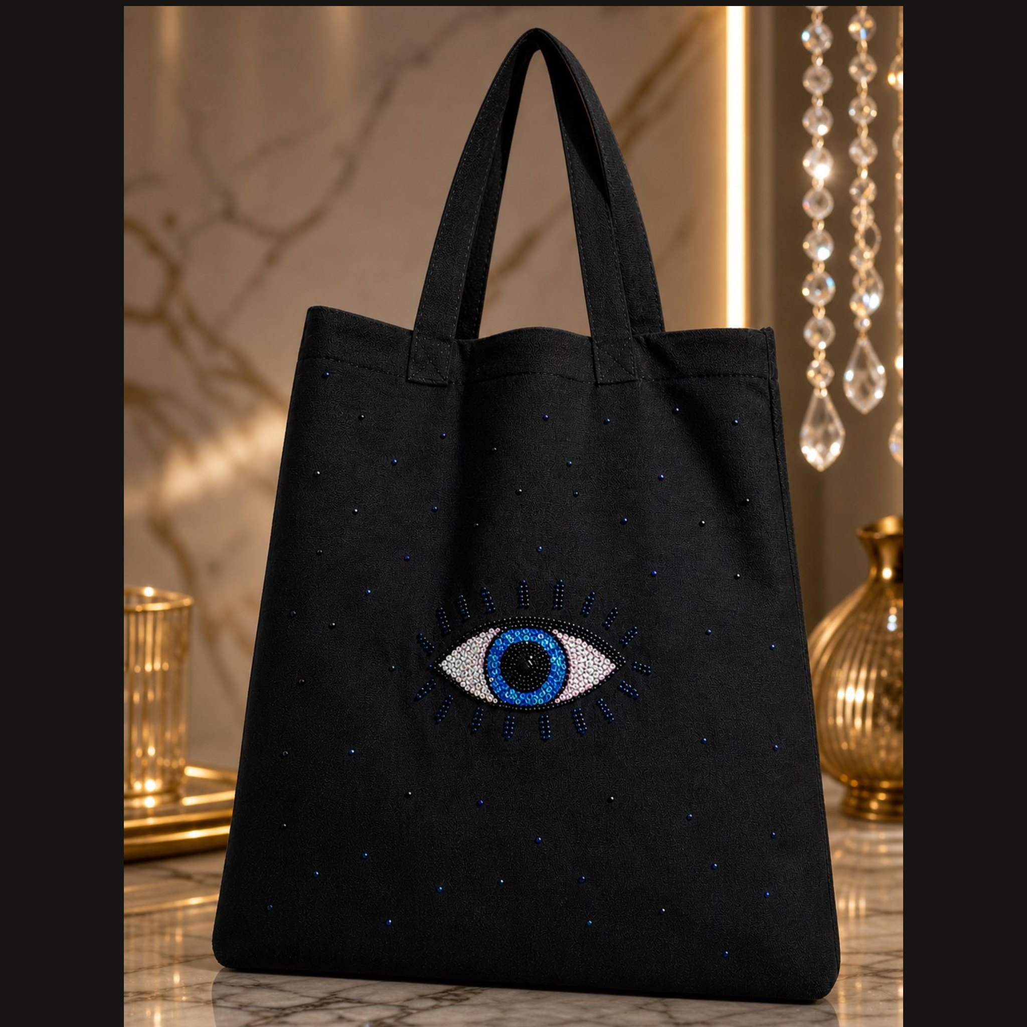 Sac tote bag noir en coton fait main – strass œil protecteur – 36x41 cm