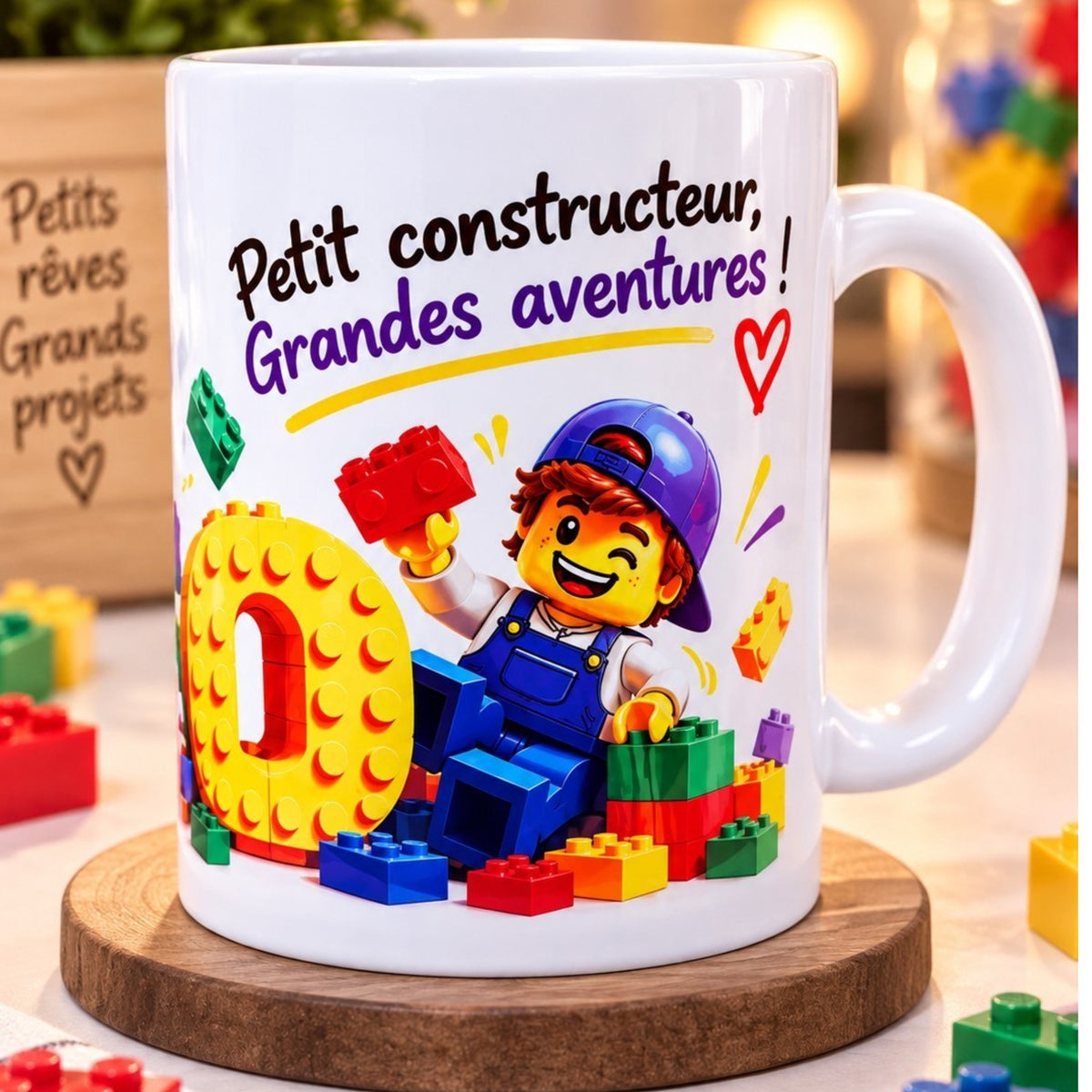 Mug enfant personnalisé prénom – Petit constructeur – Tasse briques colorées 300 ml – Cadeau garçon