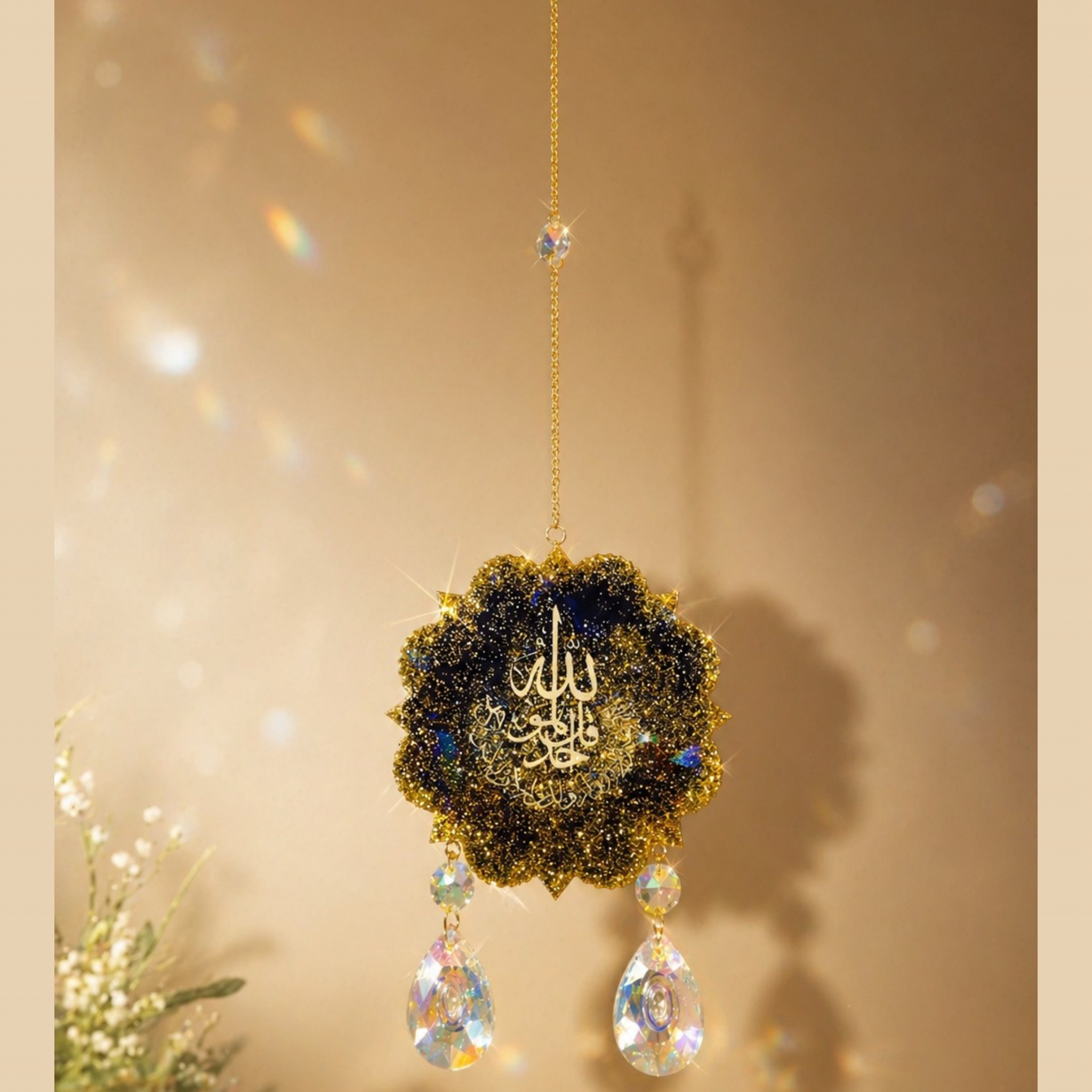 Suspension artisanale en résine avec calligraphie arabe – Décoration spirituelle élégante