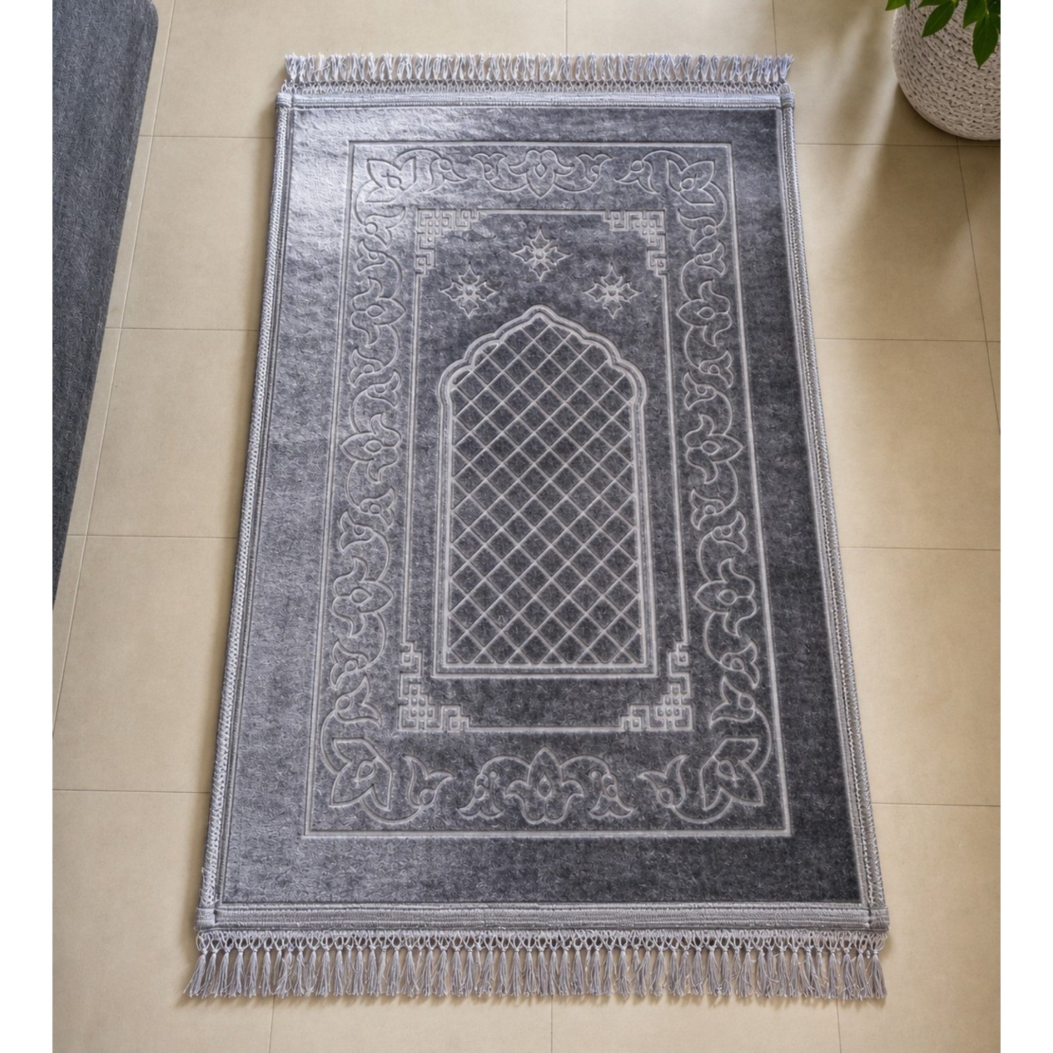 Coffret Cadeau Tapis de Prière Personnalisable Gris – Citadelle du Musulman + Musc Blanc + Tasbih – 70 x 110 cm