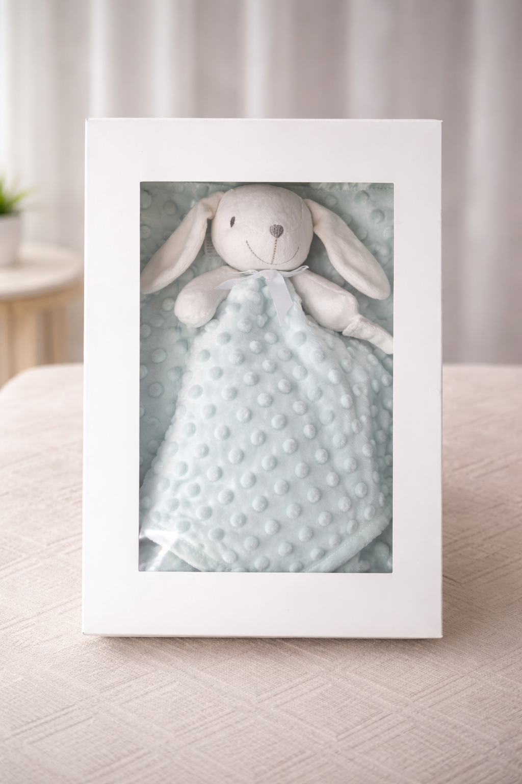 Coffret douceur naissance – Doudou lapin & couverture minky vert Sauge Personnalisable