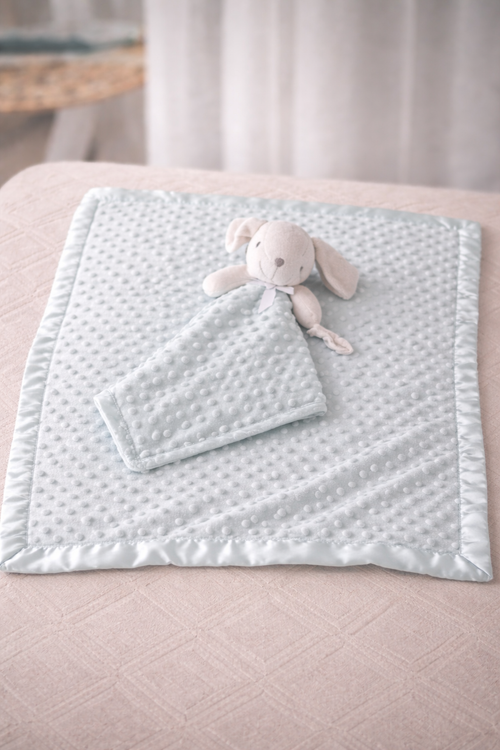 Coffret douceur naissance – Doudou lapin & couverture minky vert Sauge Personnalisable