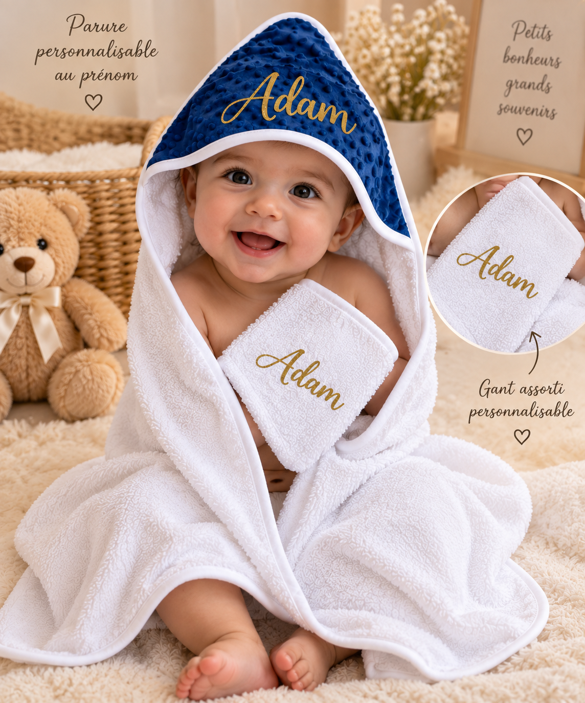 Cape de Bain Bébé Personnalisée avec Gant – Prénom Doré – Cadeau Naissance