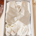 Ensemble bébé garçon 6 pièces – Blanc & Champagne – 100 % coton – Idéal naissance, baptême et cérémonie