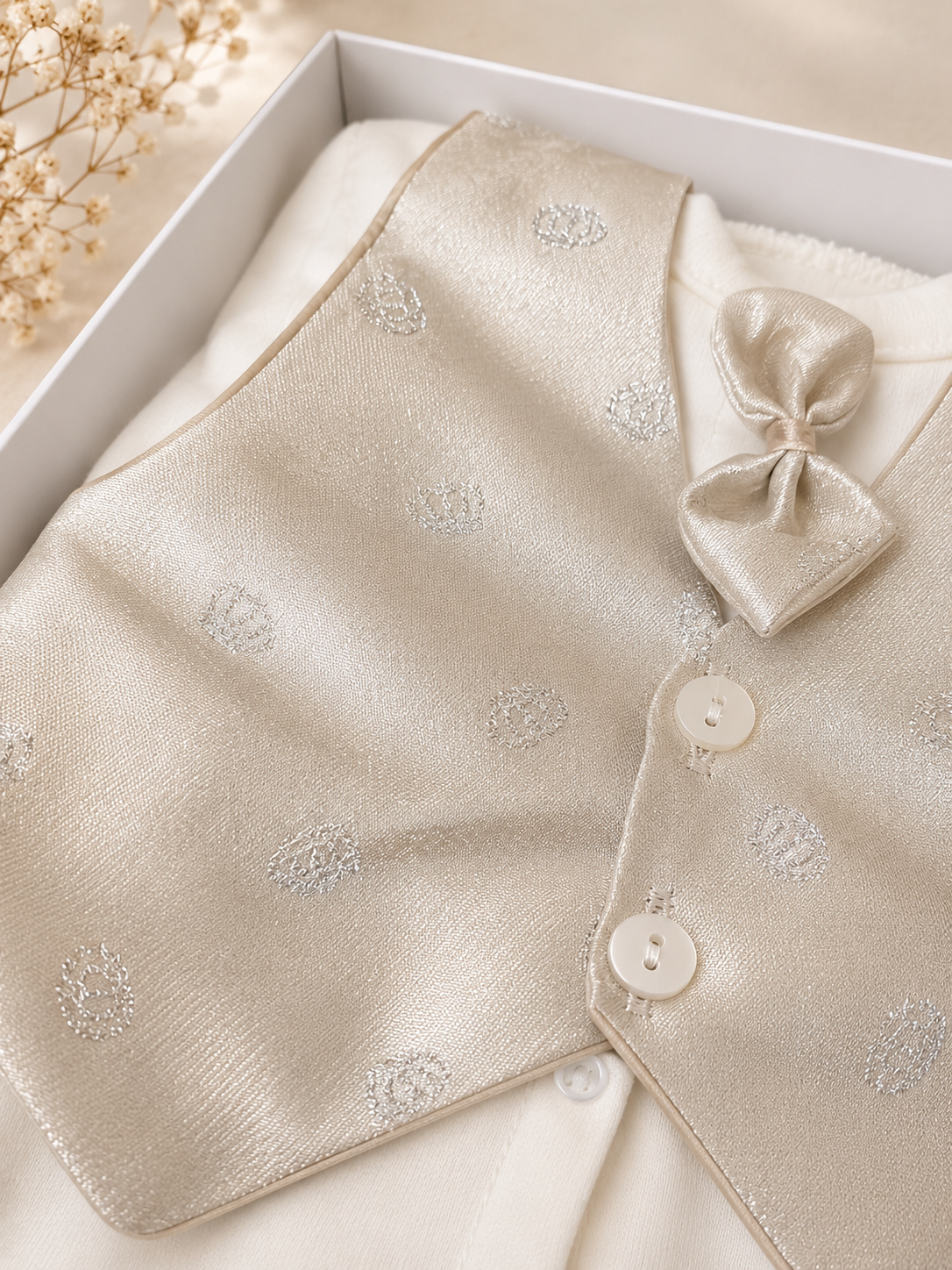 Ensemble bébé garçon 6 pièces – Blanc & Champagne – 100 % coton – Idéal naissance, baptême et cérémonie