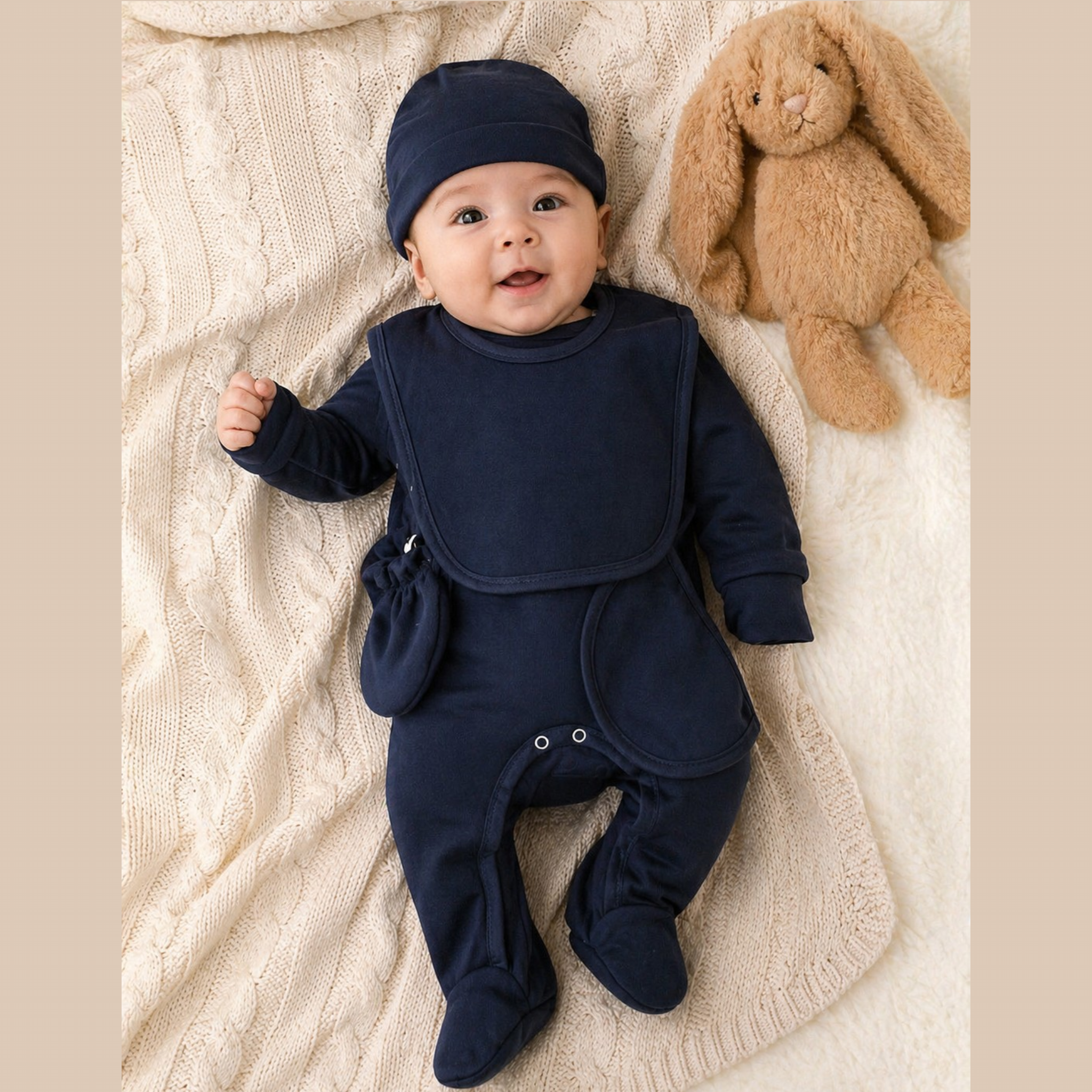 Ensemble bébé personnalisé 0-3 mois – 5 pièces en coton (Made in Portugal)