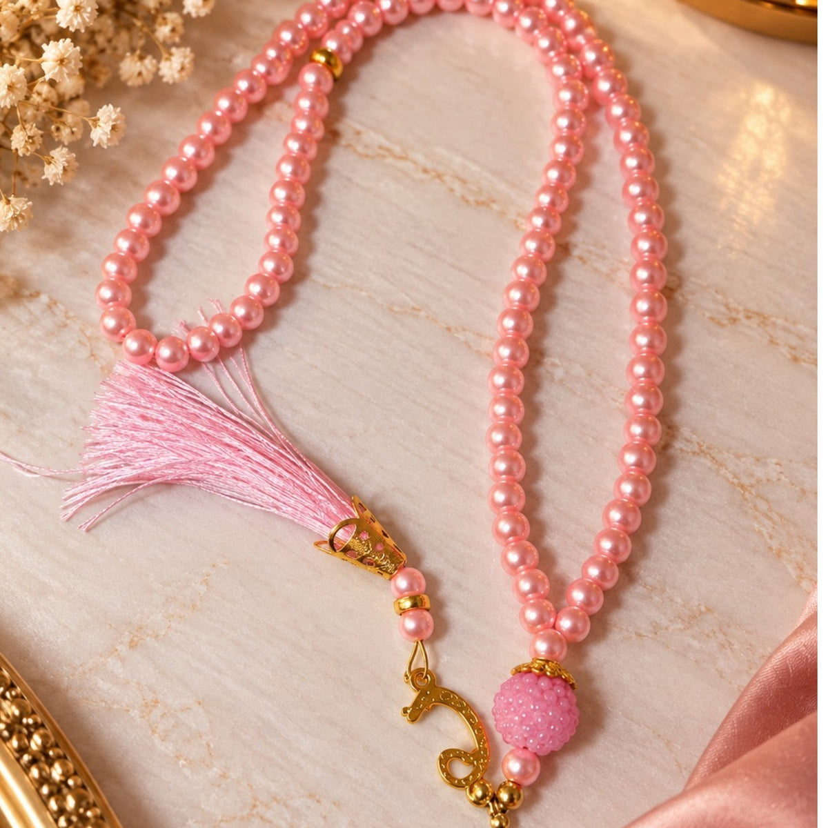 Coffret cadeau rose et doré – Marque-page en résine fait main, tasbih & boussole