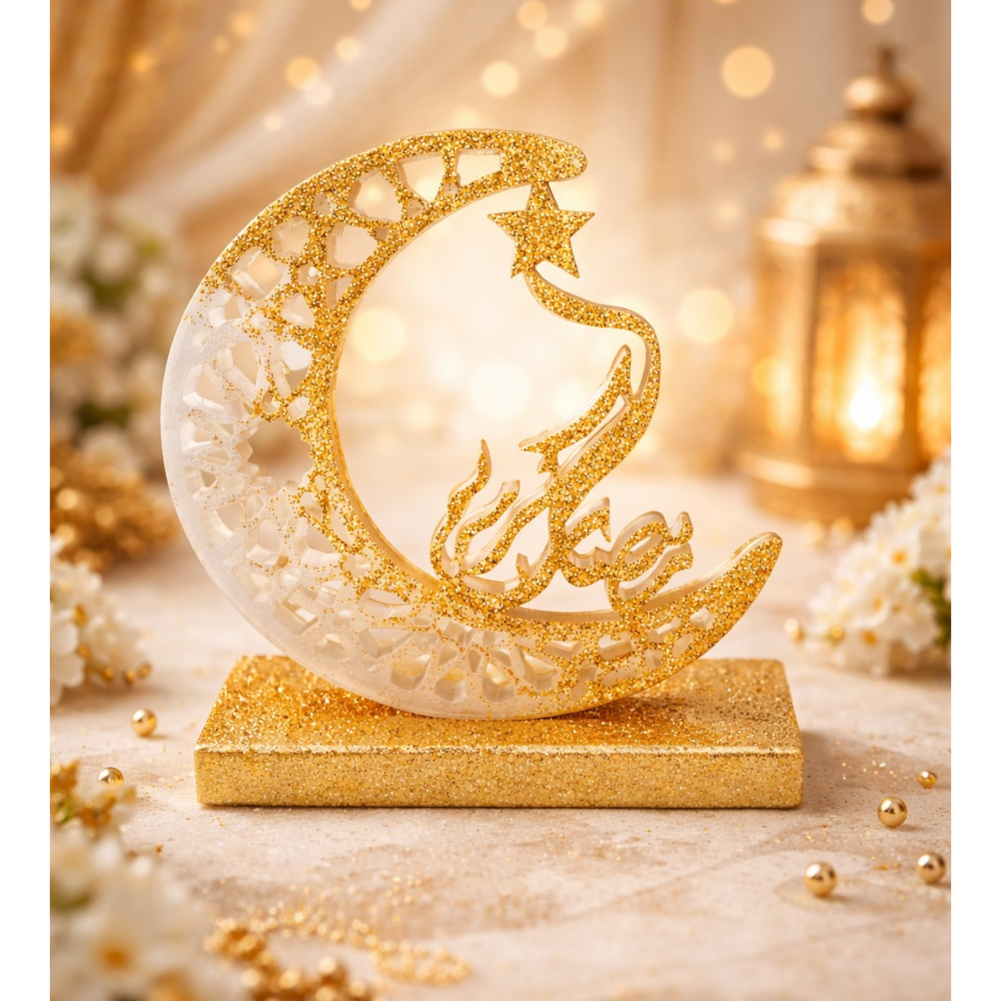 Décoration Croissant de Lune & Étoile en Résine Artisanale – Doré Scintillant