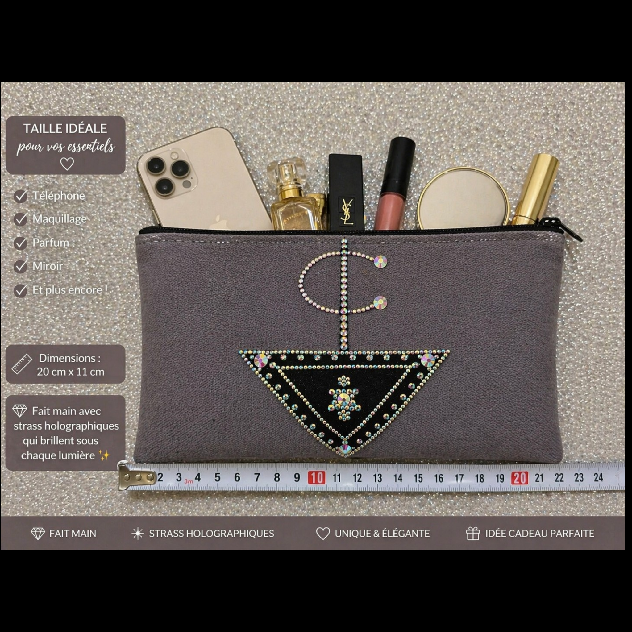 Pochette artisanale Fait Main avec Strass Holographiques – Élégante 20x11 cm