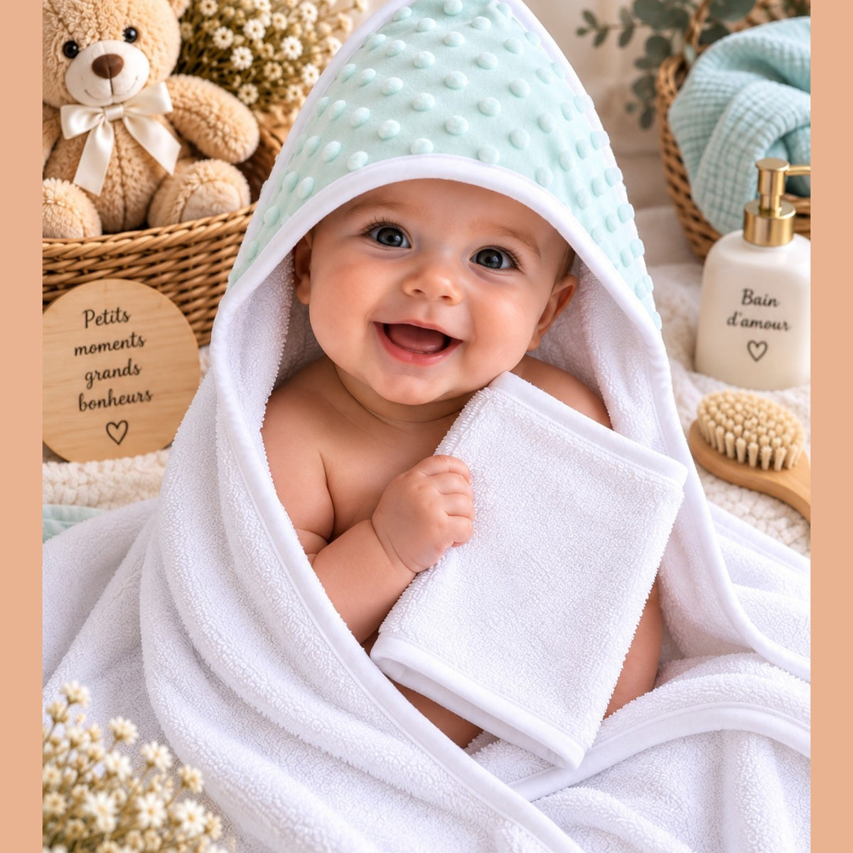Cape de bain bébé vert menthe personnalisable avec gant – Prénom pailleté