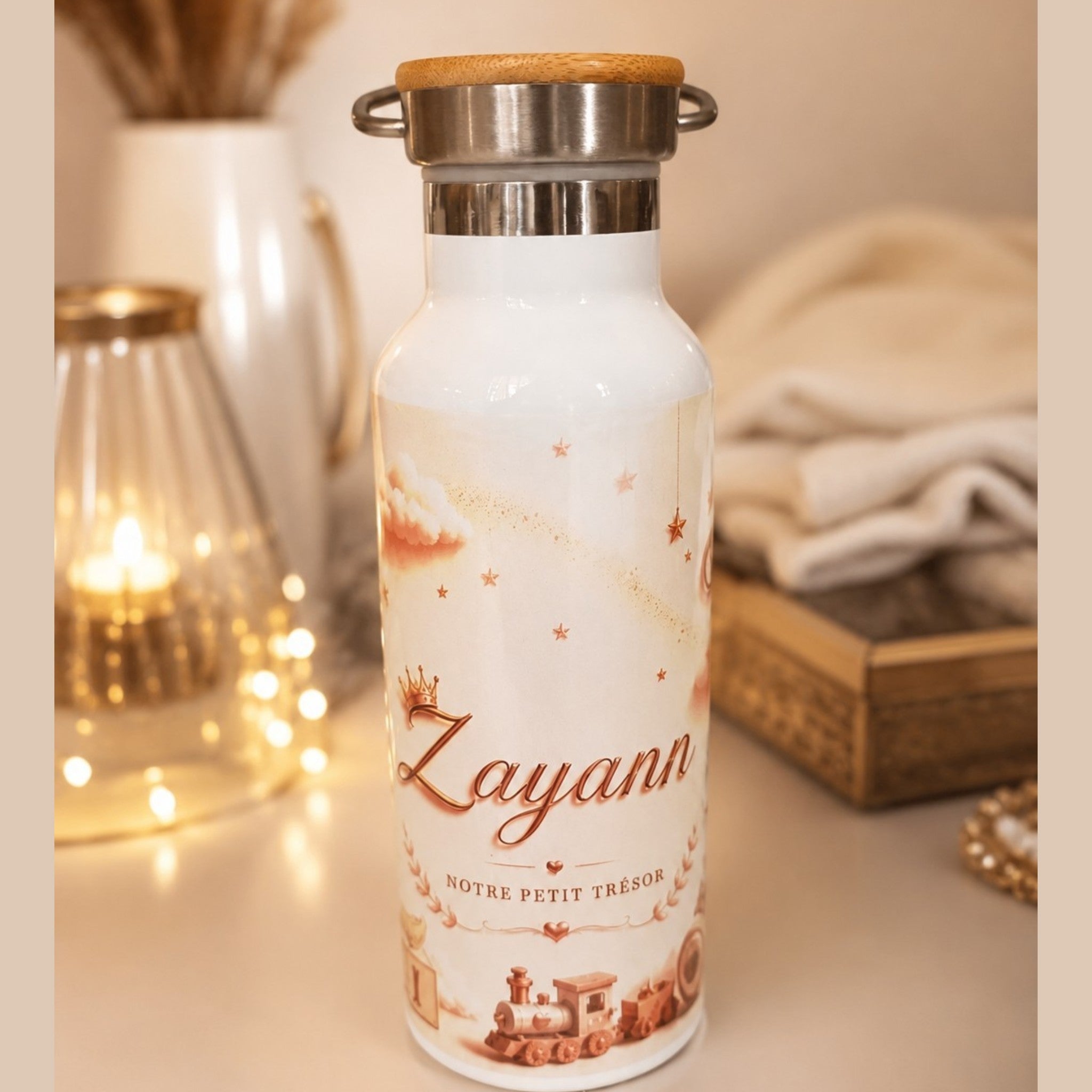 Gourde personnalisée prénom – Cadeau de naissance, anniversaire ou baptême – Design ourson de luxe