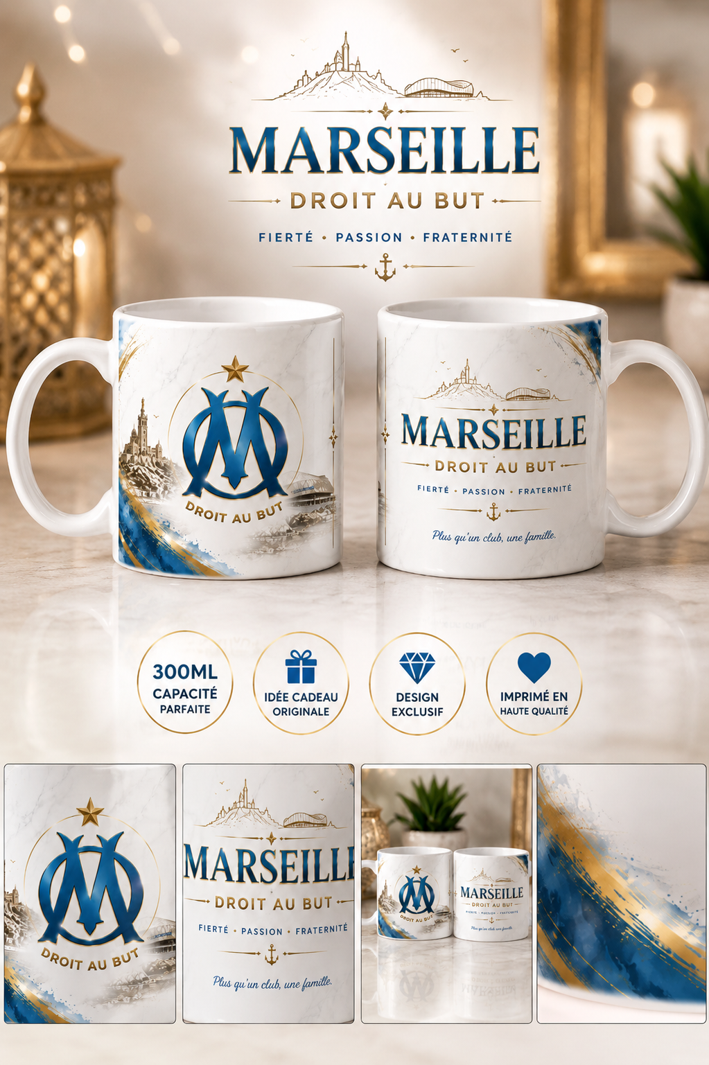 Mug Marseille Bleu & Or 300 ml – Tasse Céramique Design Élégant – Idée Cadeau Supporter