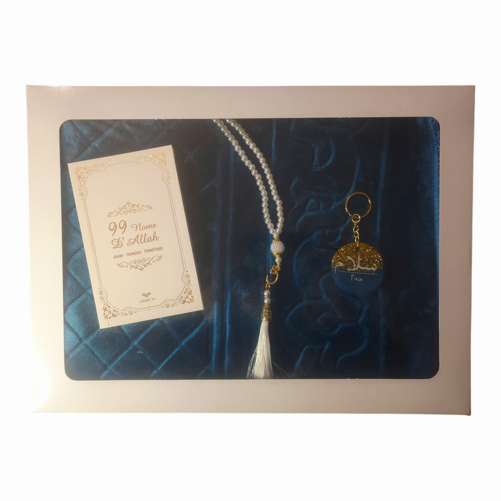 Coffret de prière bleu – Tapis 70×110 cm, chapelet et porte-clés “Salam”