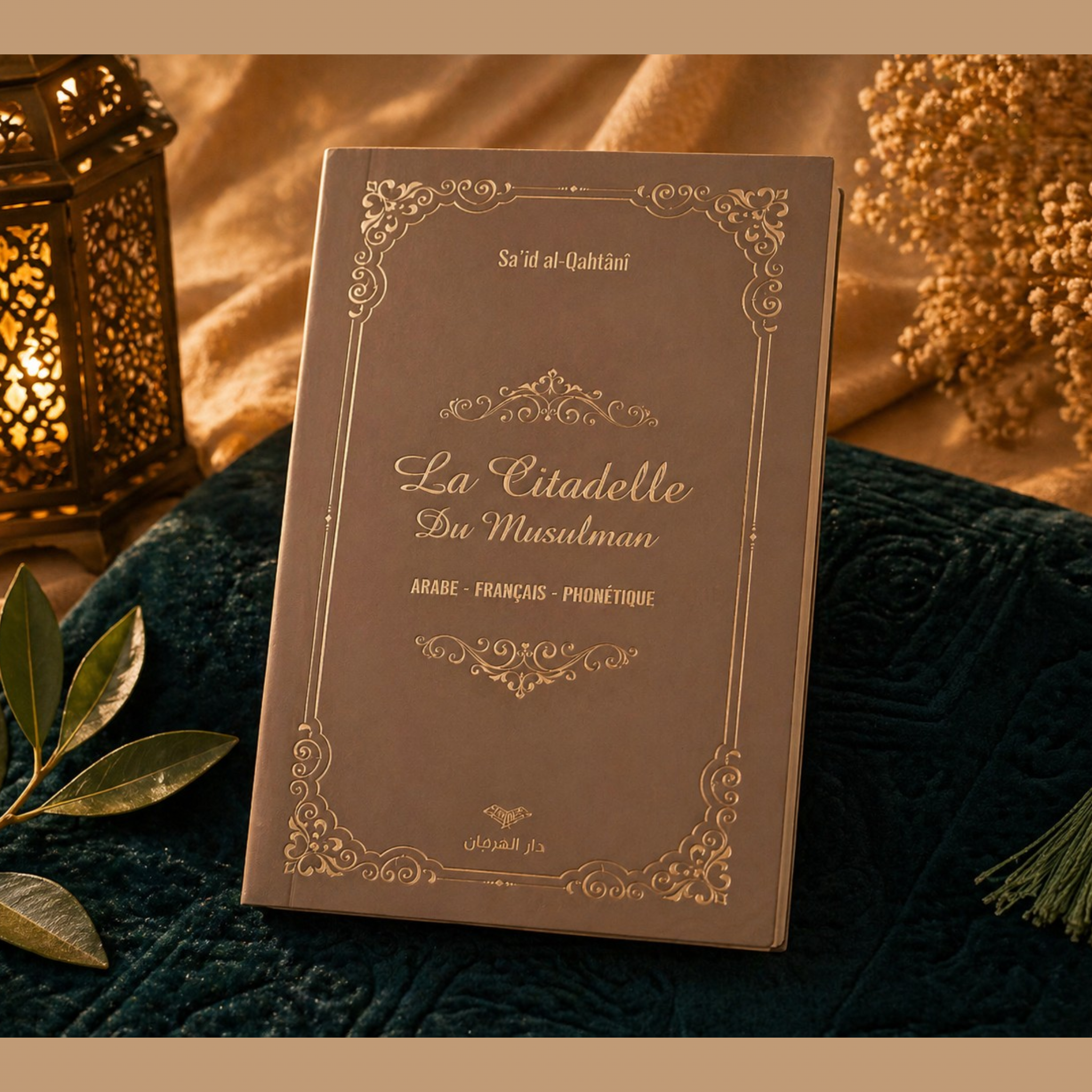Coffret Prière Luxe Personnalisable – Tapis 110x70cm, Citadelle du Musulman, marque page artisanal en résine & Musc Tahara Pistache 12ml