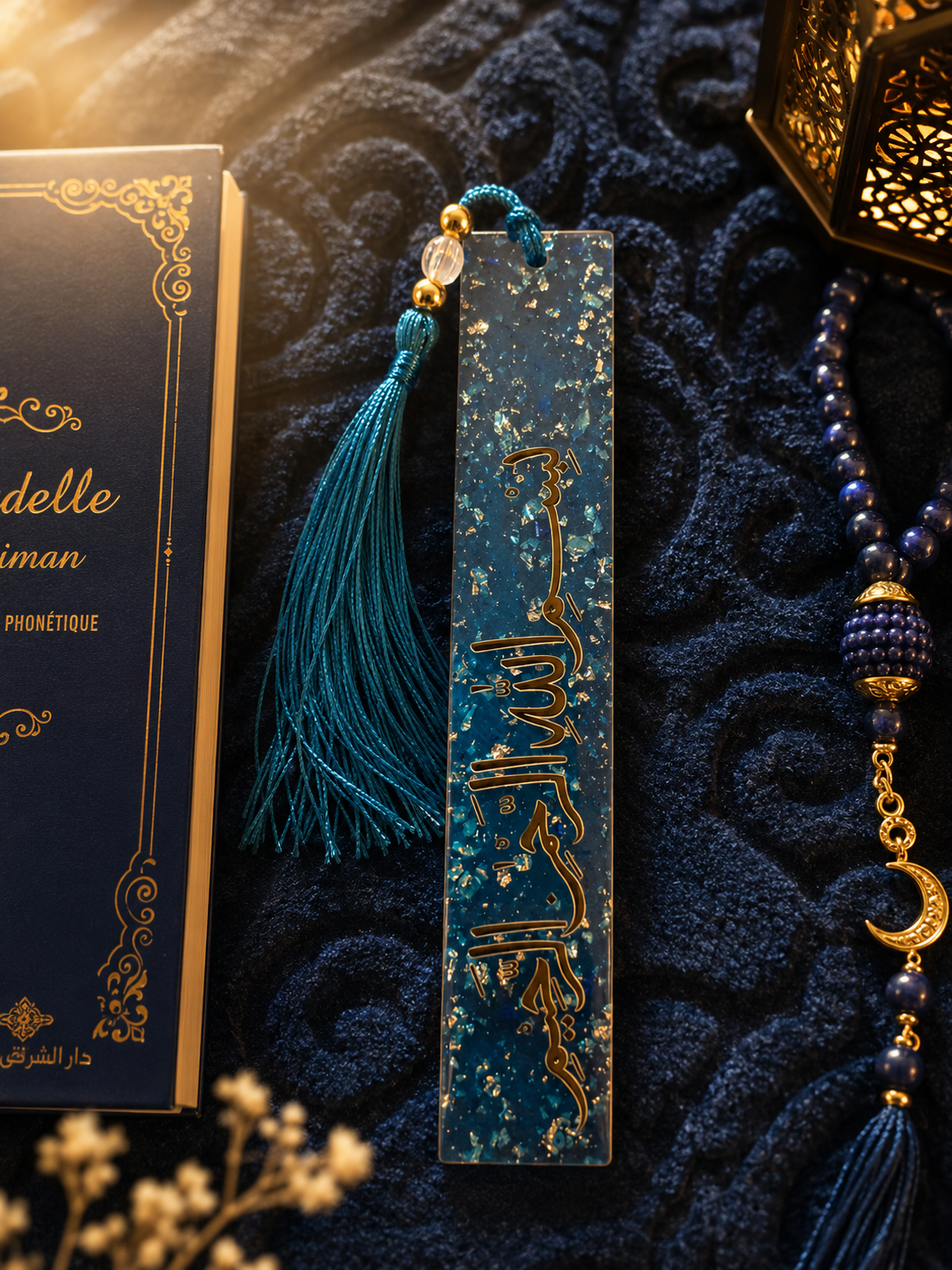 Coffret cadeau islamique luxe bleu nuit – Tapis de prière personnalisé 70x110 cm