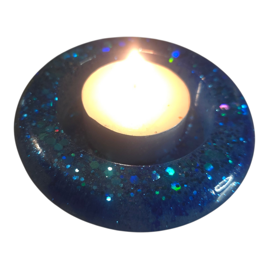 Porte-bougie rond en résine – Bleu scintillant