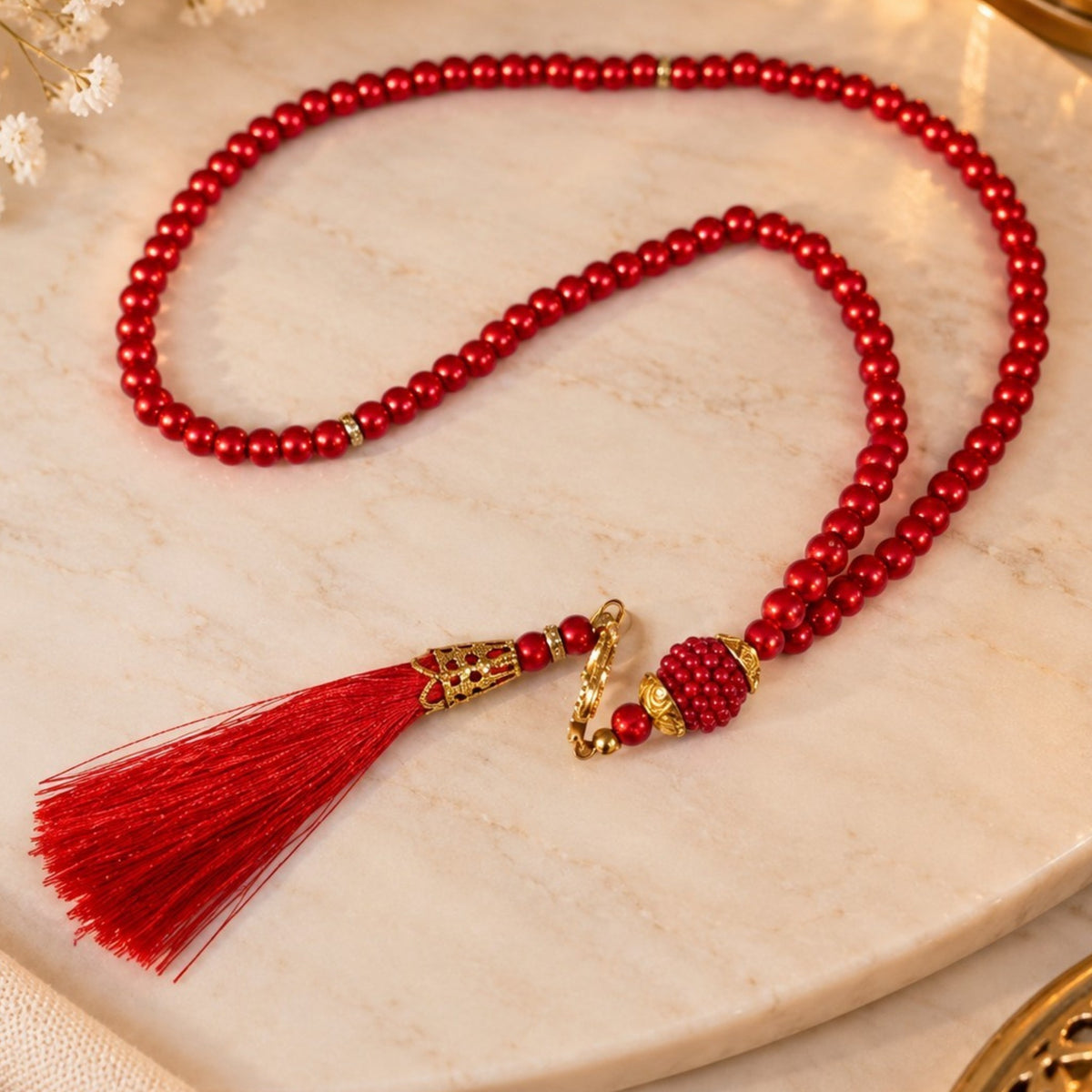Coffret cadeau spirituel rouge – Chapelet, marque-page fait main en résine & boussole