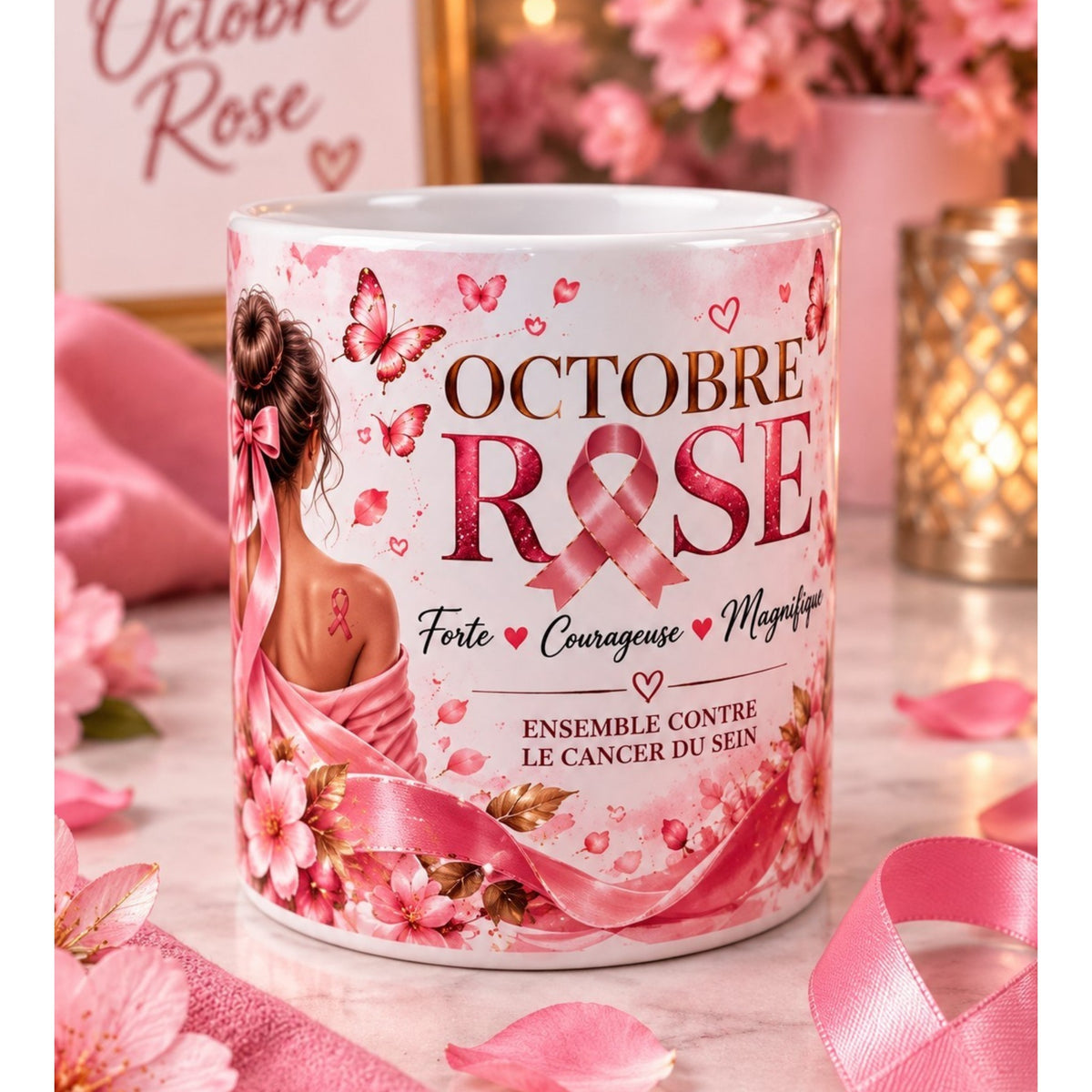 Mug Octobre Rose 300 ml – Tasse Femme Ruban Rose – Courage, Espoir & Soutien – Idée Cadeau