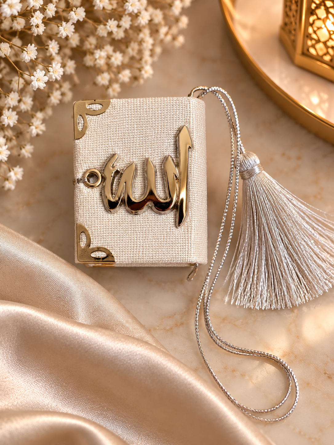 Coffret de prière musulman gris perle & doré – Tapis, Tasbih & 99 Noms d’Allah