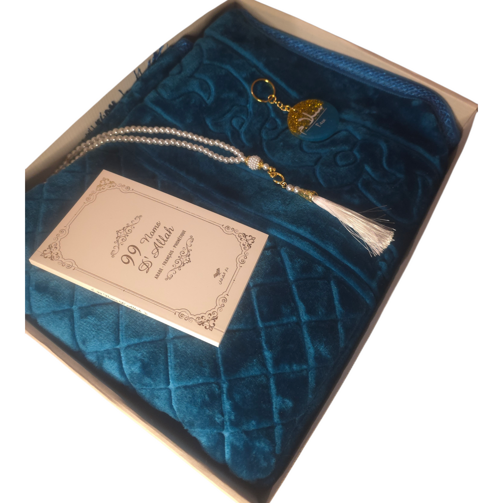 Coffret de prière bleu – Tapis 70×110 cm, chapelet et porte-clés “Salam”