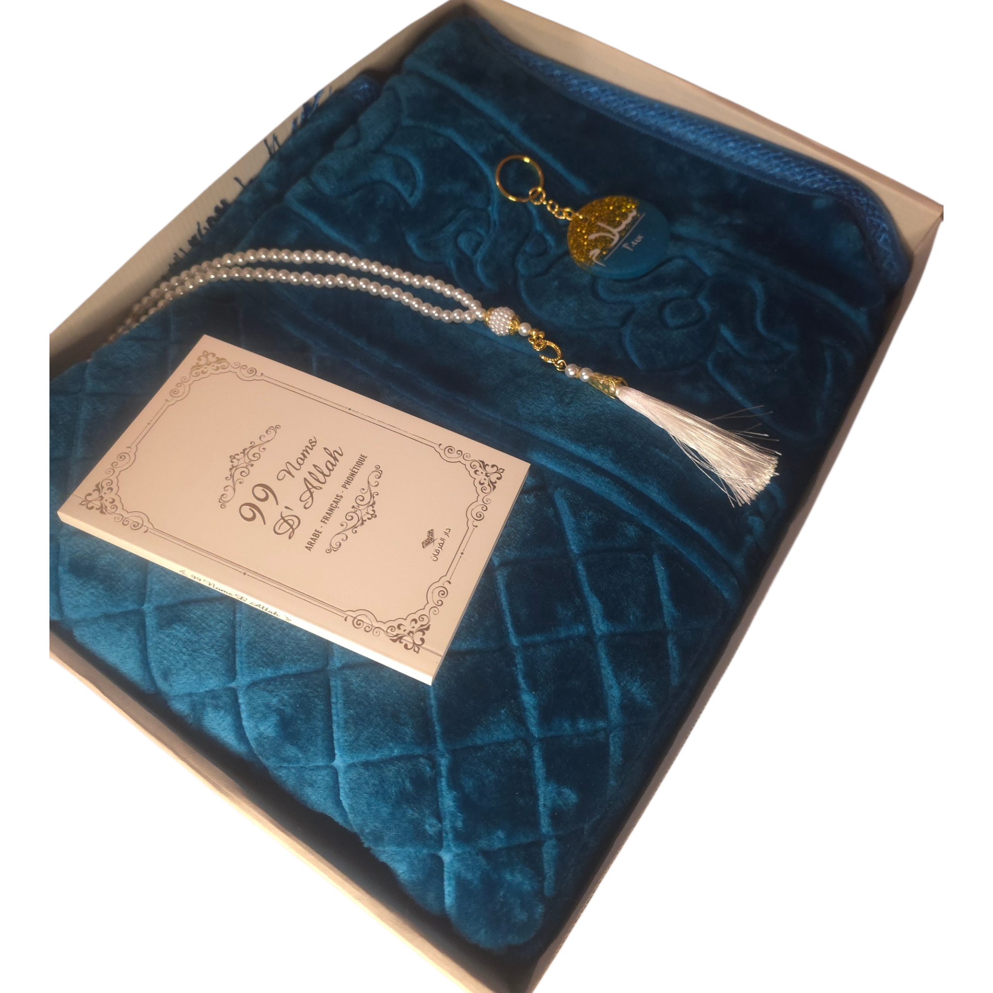 Coffret de prière bleu – Tapis 70×110 cm, chapelet et porte-clés “Salam”