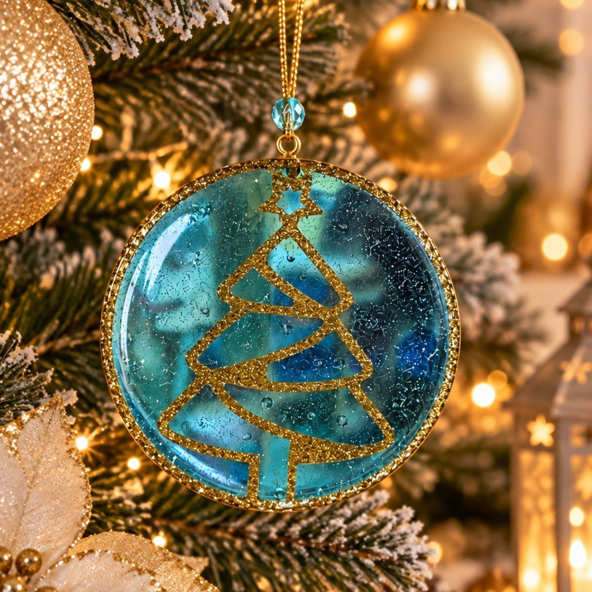 Suspension de Noël en résine faite main – Sapin turquoise et doré – 9 cm