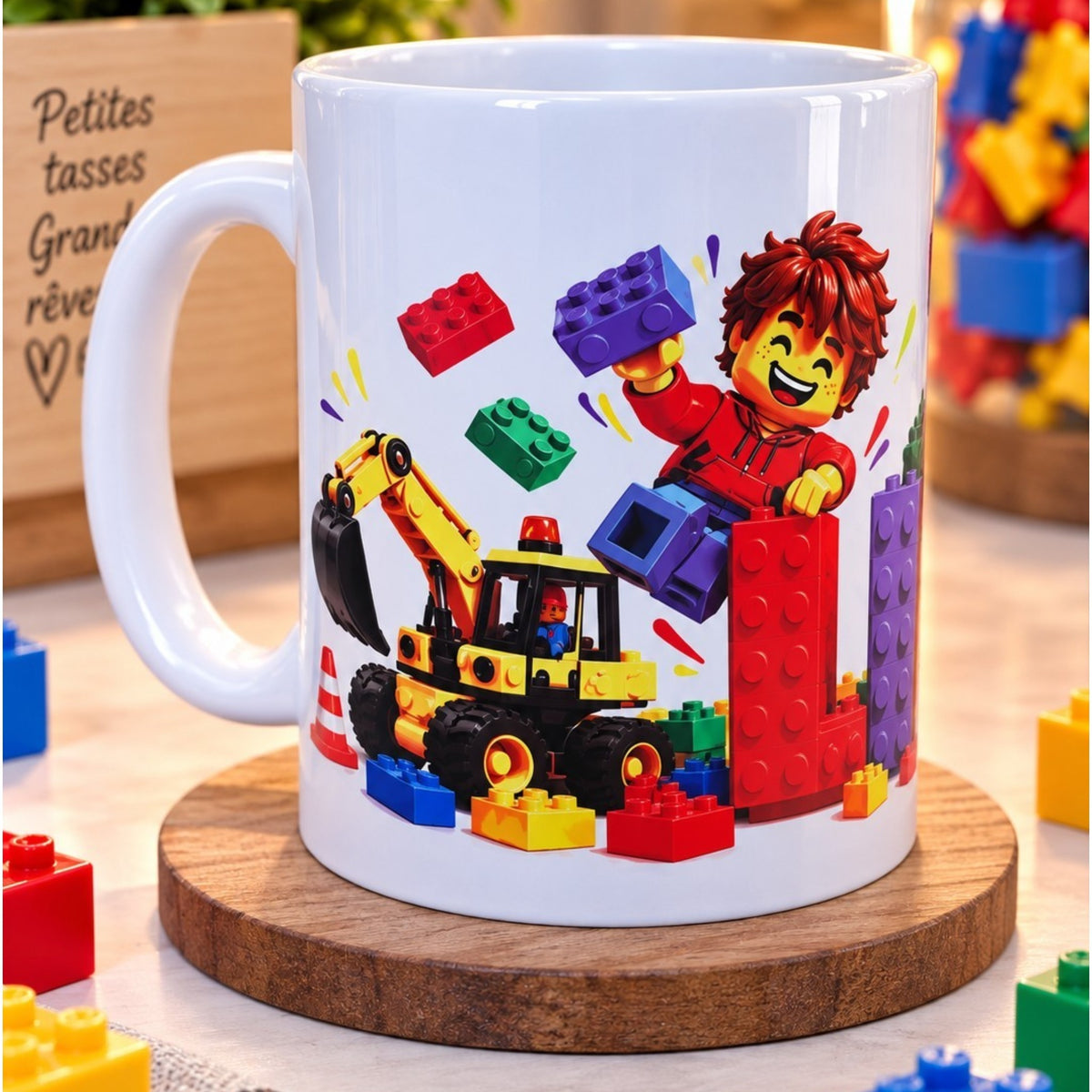 Mug enfant personnalisé prénom – Petit constructeur – Tasse briques colorées 300 ml – Cadeau garçon