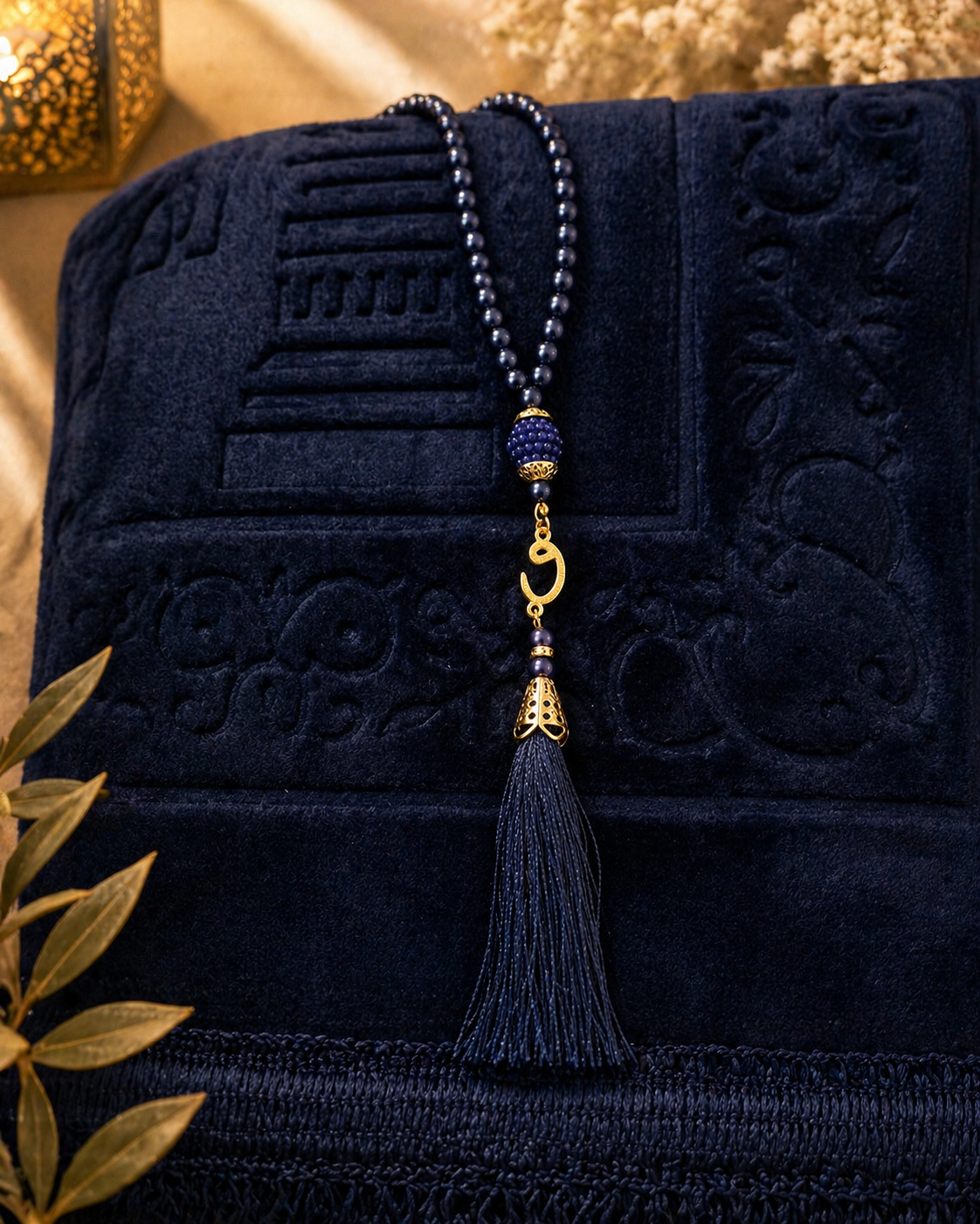 Coffret Prière Luxe Personnalisable – Tapis 110x70cm, Tasbih, Livre 99 Noms d’Allah & Parfum Badera Al Oud 30ml