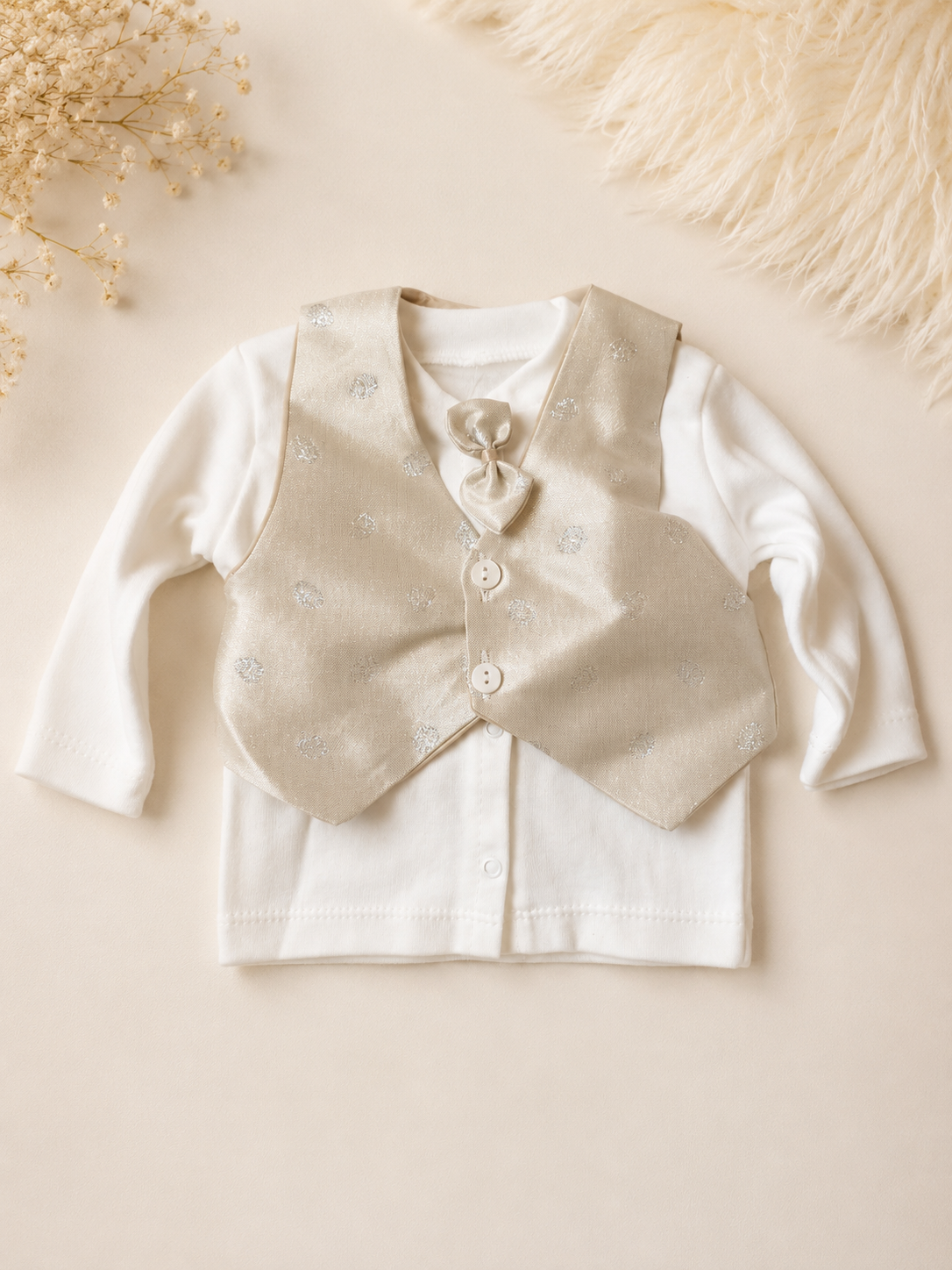 Ensemble bébé garçon 6 pièces – Blanc & Champagne – 100 % coton – Idéal naissance, baptême et cérémonie
