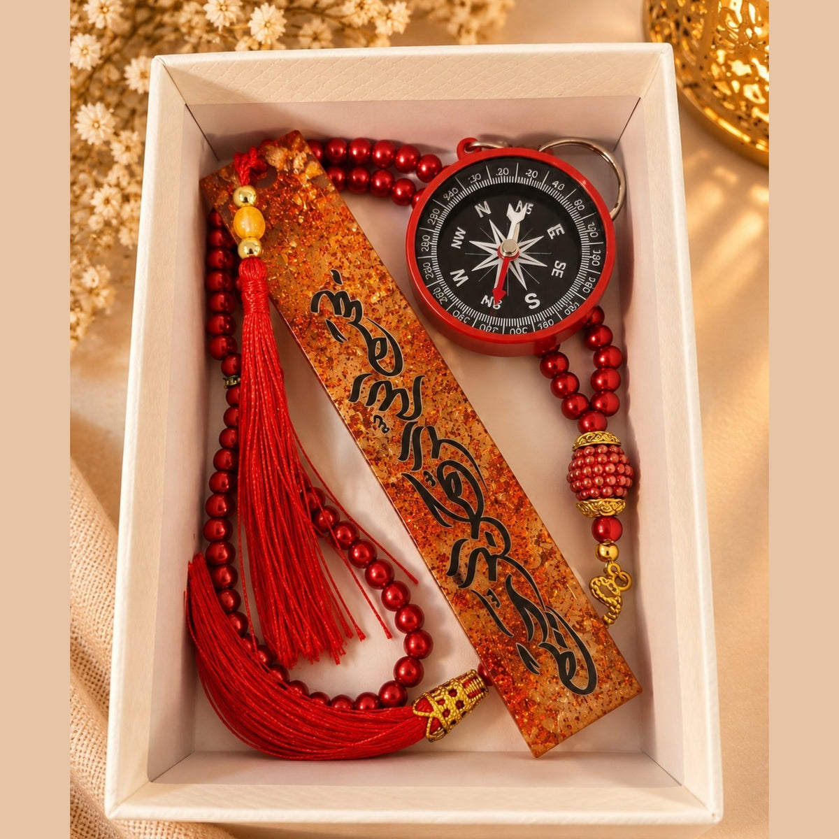 Coffret cadeau spirituel rouge – Chapelet, marque-page fait main en résine & boussole