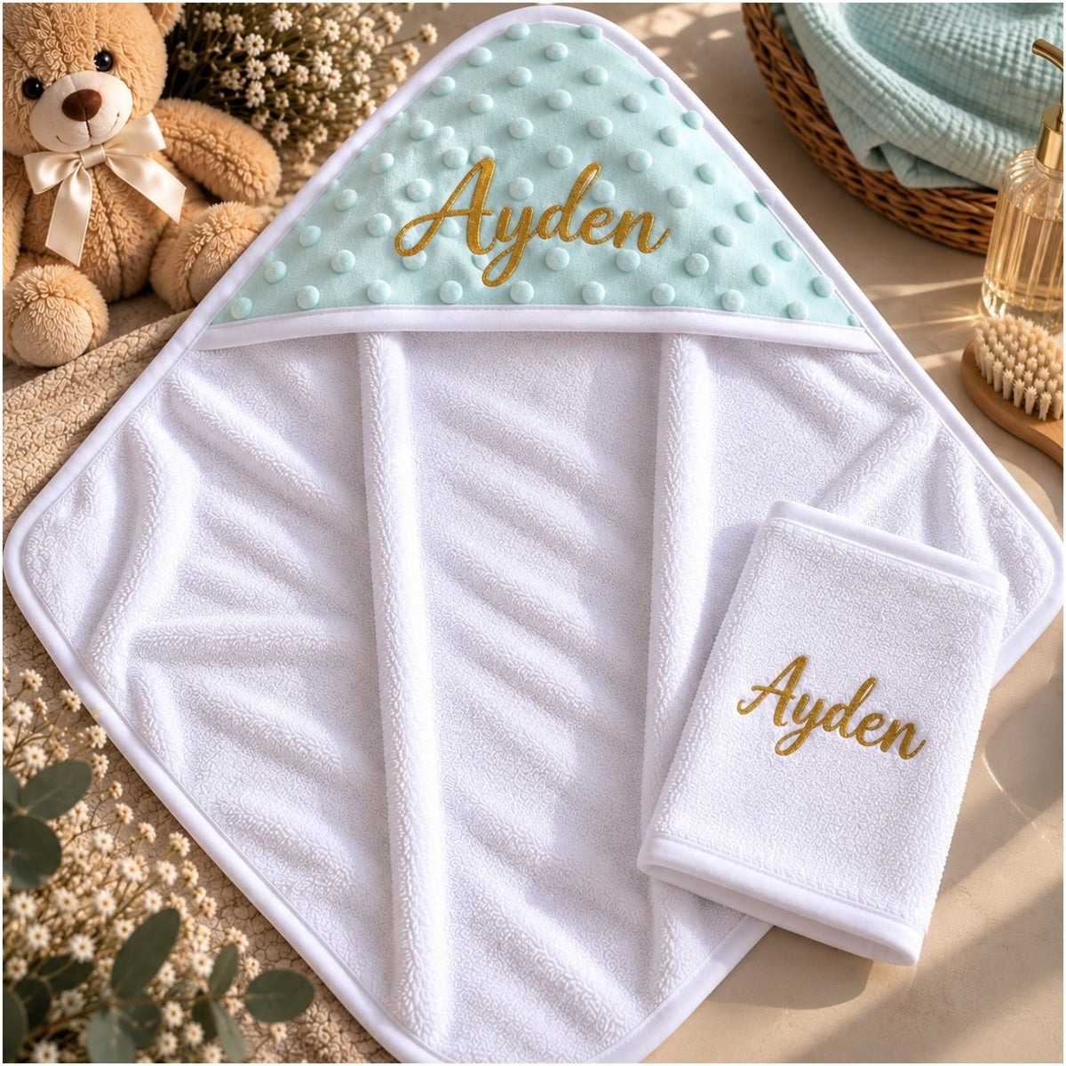 Cape de bain bébé vert menthe personnalisable avec gant – Prénom pailleté