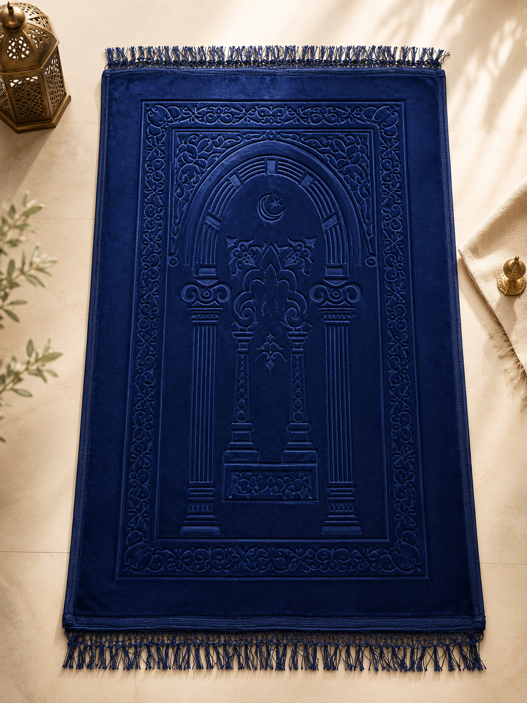 Coffret cadeau islamique luxe bleu nuit – Tapis de prière personnalisé 70x110 cm