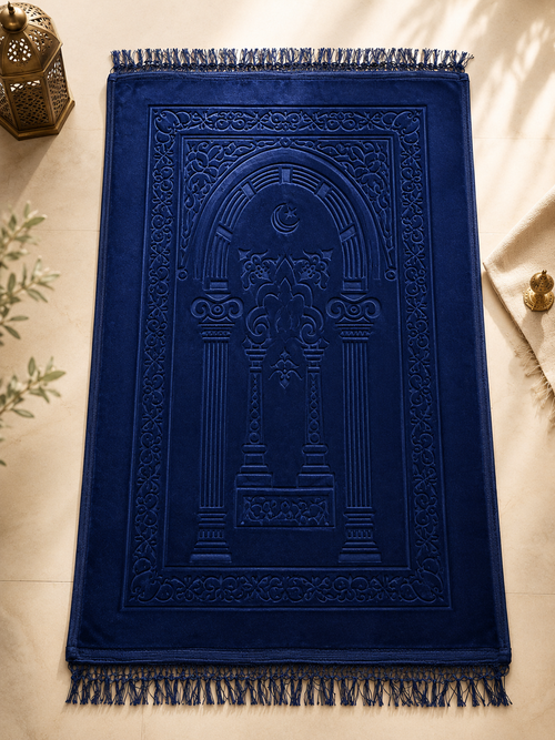 Coffret cadeau islamique luxe bleu nuit – Tapis de prière personnalisé 70x110 cm