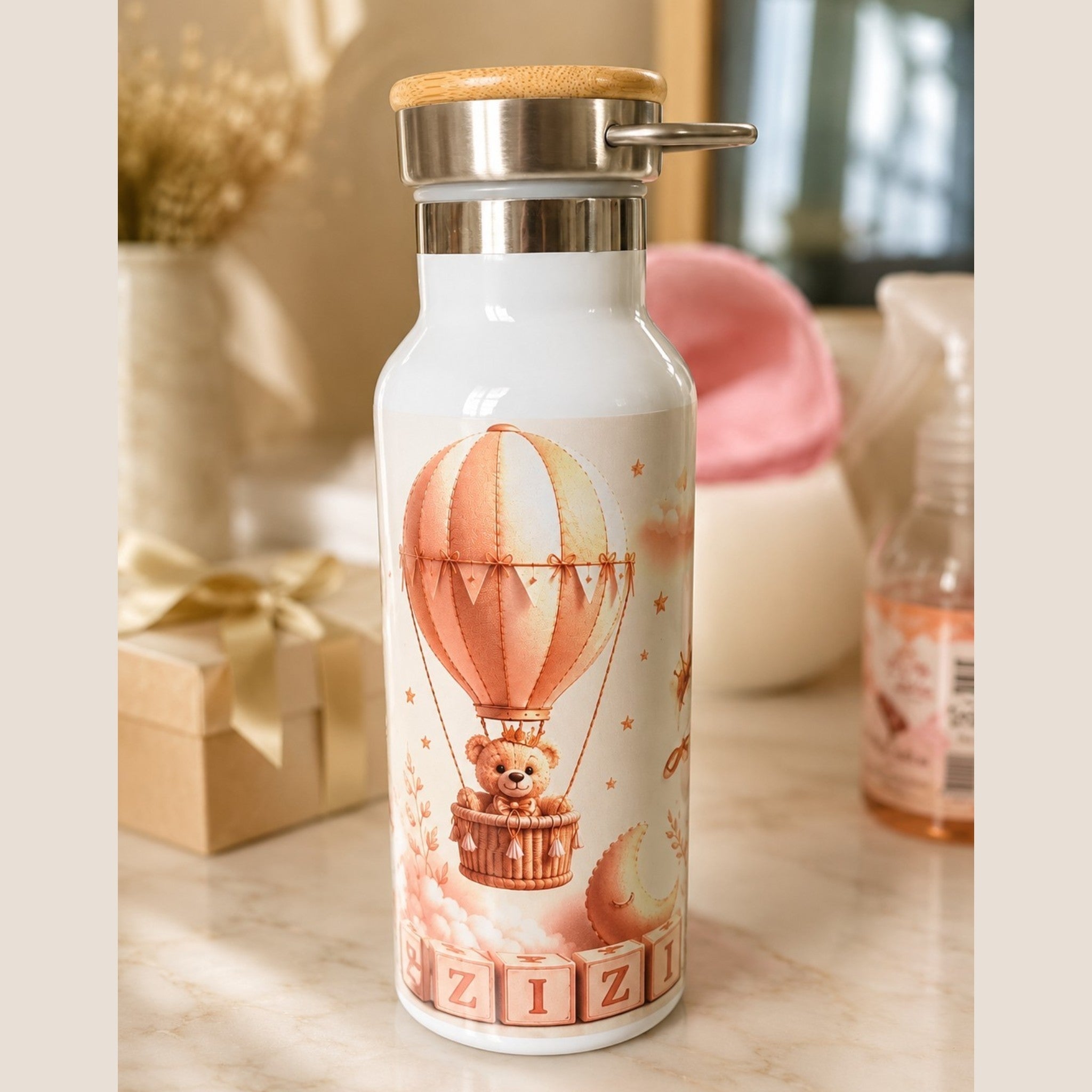 Gourde personnalisée prénom – Cadeau de naissance, anniversaire ou baptême – Design ourson de luxe