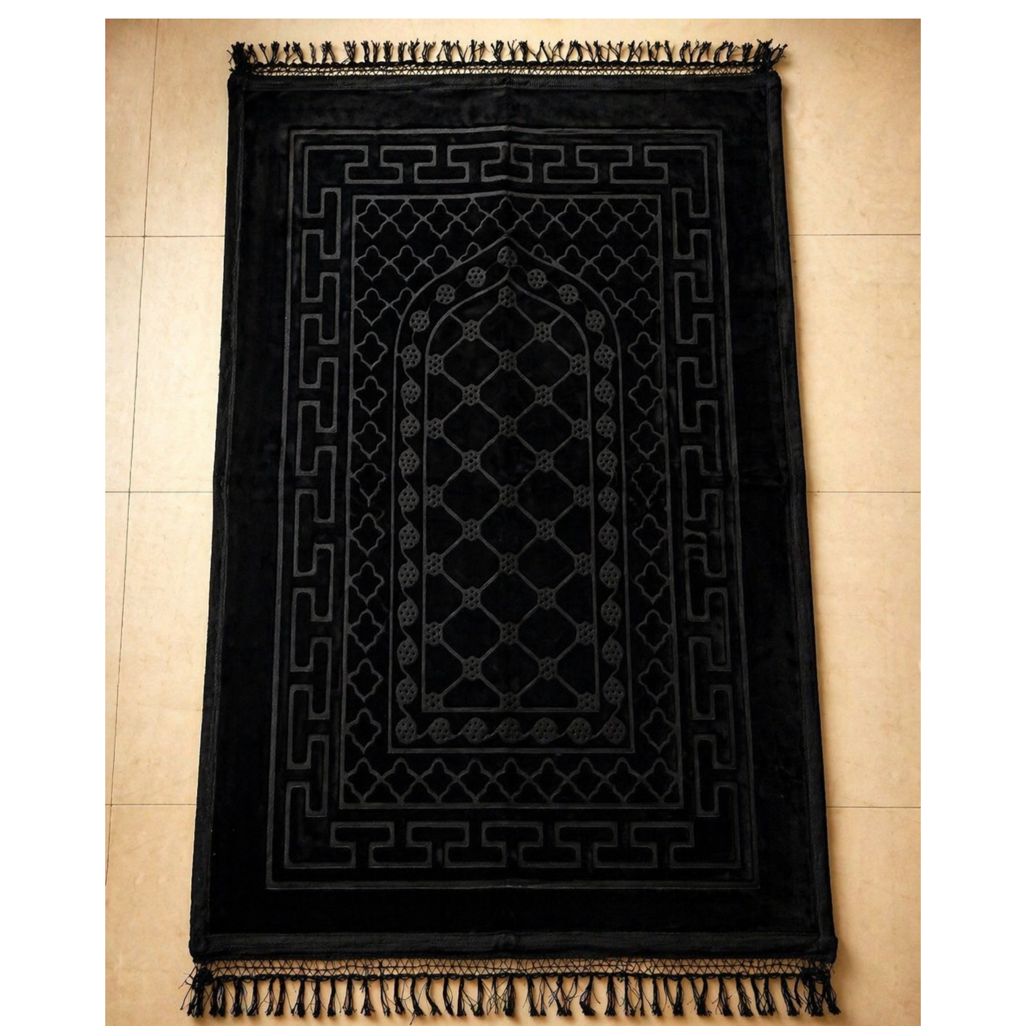 Coffret Cadeau Islamique Personnalisable Luxe Noir & Or – Tapis 70x110cm + Tasbih + Livre 99 Noms d’Allah + Marque-page fait main