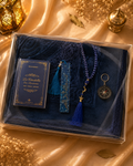 Coffret cadeau islamique luxe bleu nuit – Tapis de prière personnalisé 70x110 cm