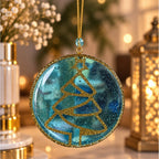 Suspension de Noël en résine faite main – Sapin turquoise et doré – 9 cm