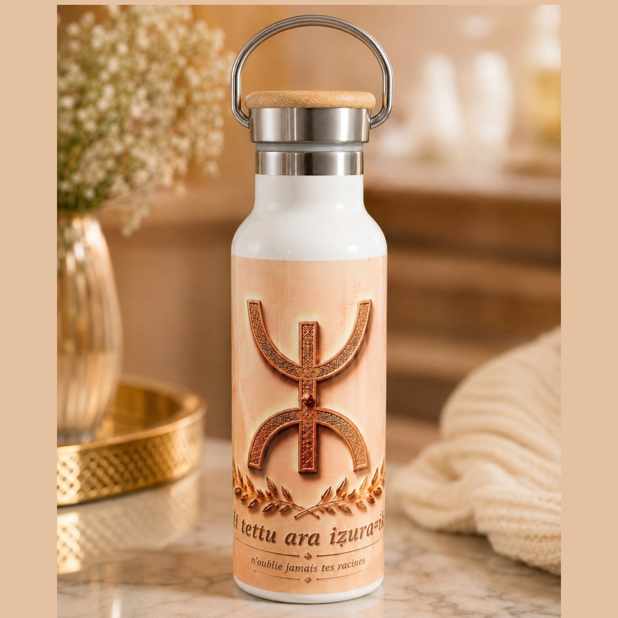 Gourde isotherme Amazigh ⵣ 500 ml en acier inoxydable – Ur Tettu Ara Iẓuran-ik