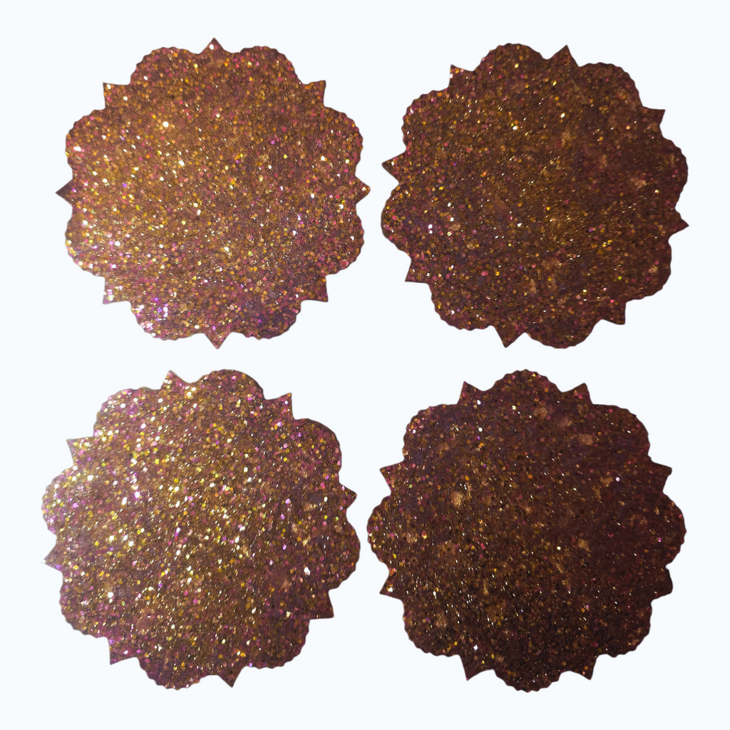 Lot de 4 dessous de verre artisanaux en résine – Cuivré pailleté aux reflets rosés (Ø 10,5 cm)