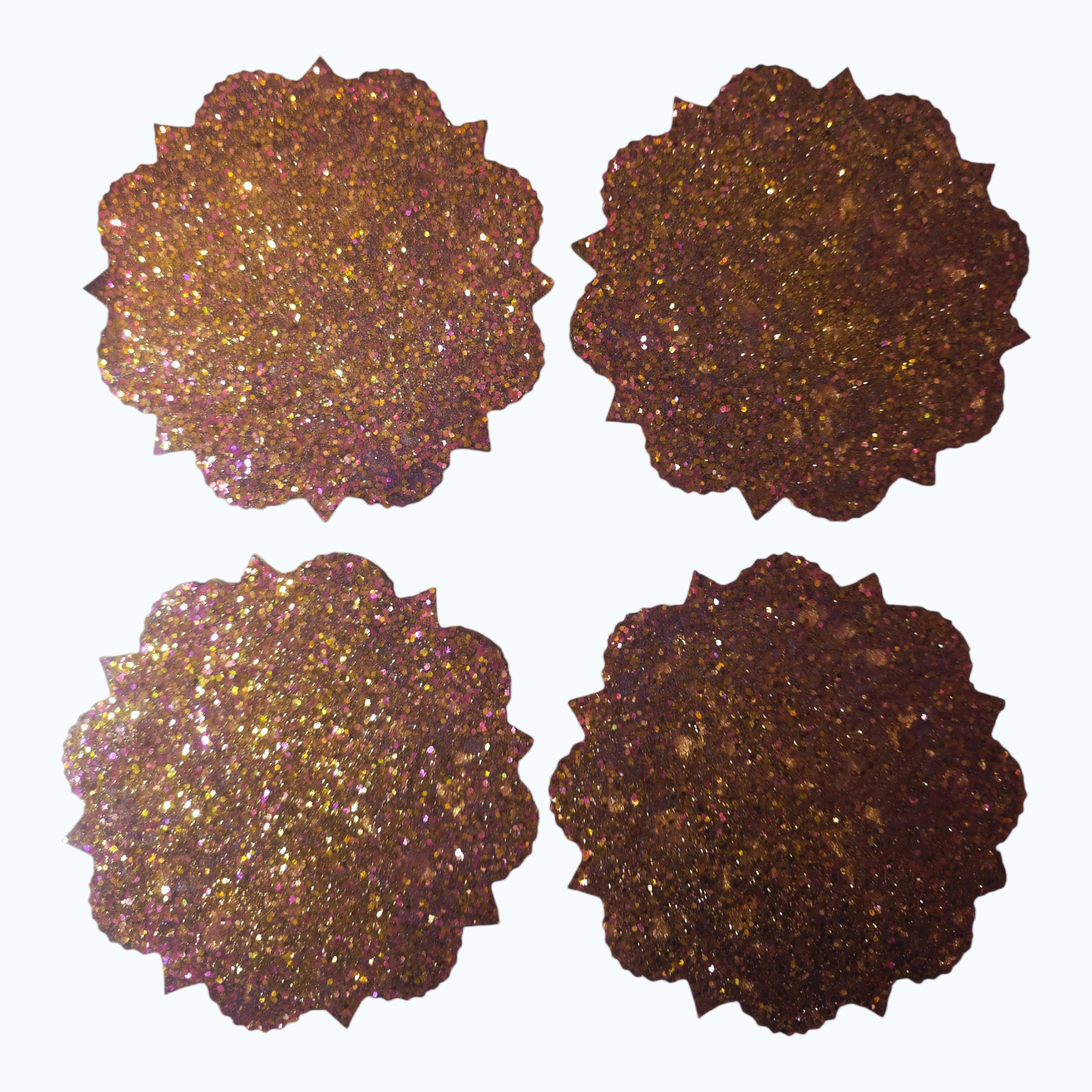 Lot de 4 dessous de verre artisanaux en résine – Cuivré pailleté aux reflets rosés (Ø 10,5 cm)