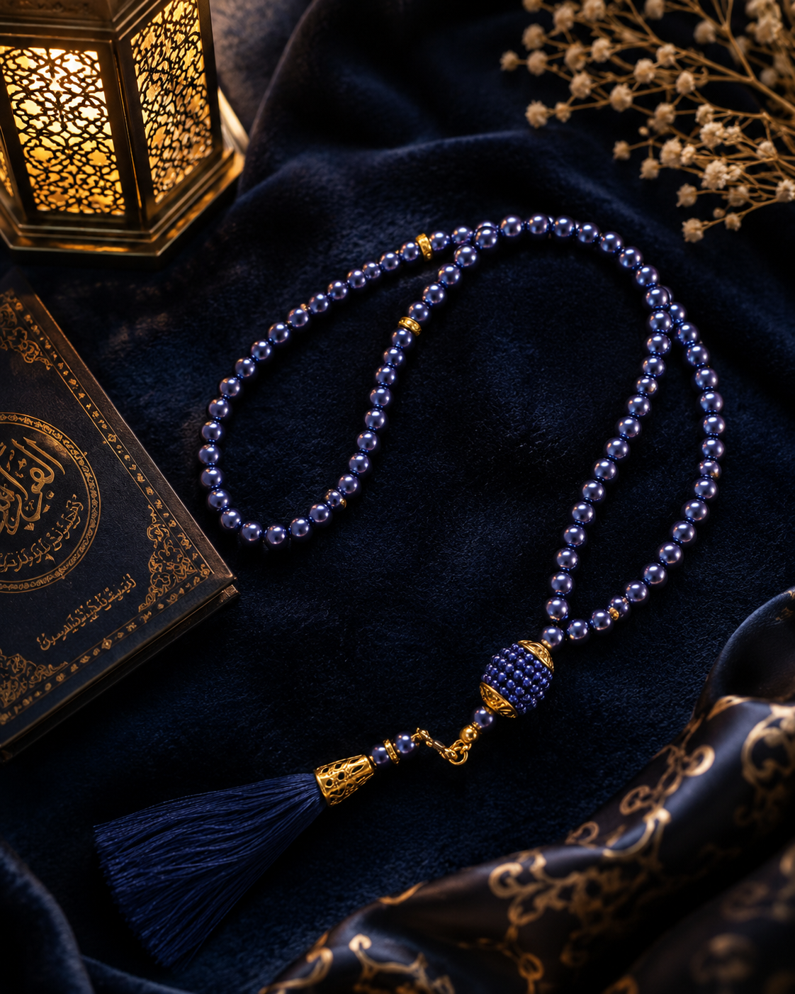 Coffret cadeau islamique luxe bleu nuit – Tapis de prière personnalisé 70x110 cm