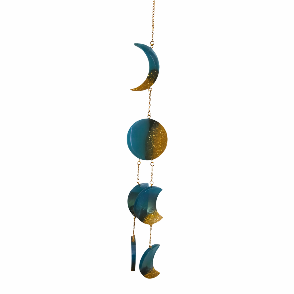 🌙 Suspension Lunaire en Résine — Bleu profond & Éclats dorés