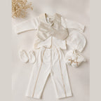 Ensemble bébé garçon 6 pièces – Blanc & Champagne – 100 % coton – Idéal naissance, baptême et cérémonie
