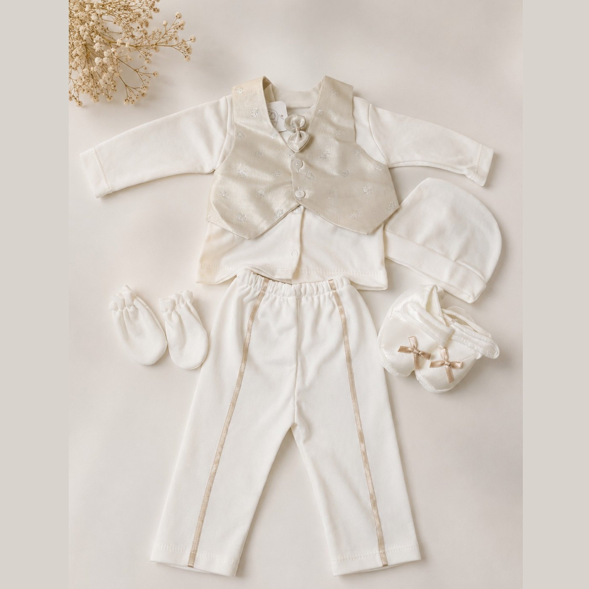 Ensemble bébé garçon 6 pièces – Blanc & Champagne – 100 % coton – Idéal naissance, baptême et cérémonie