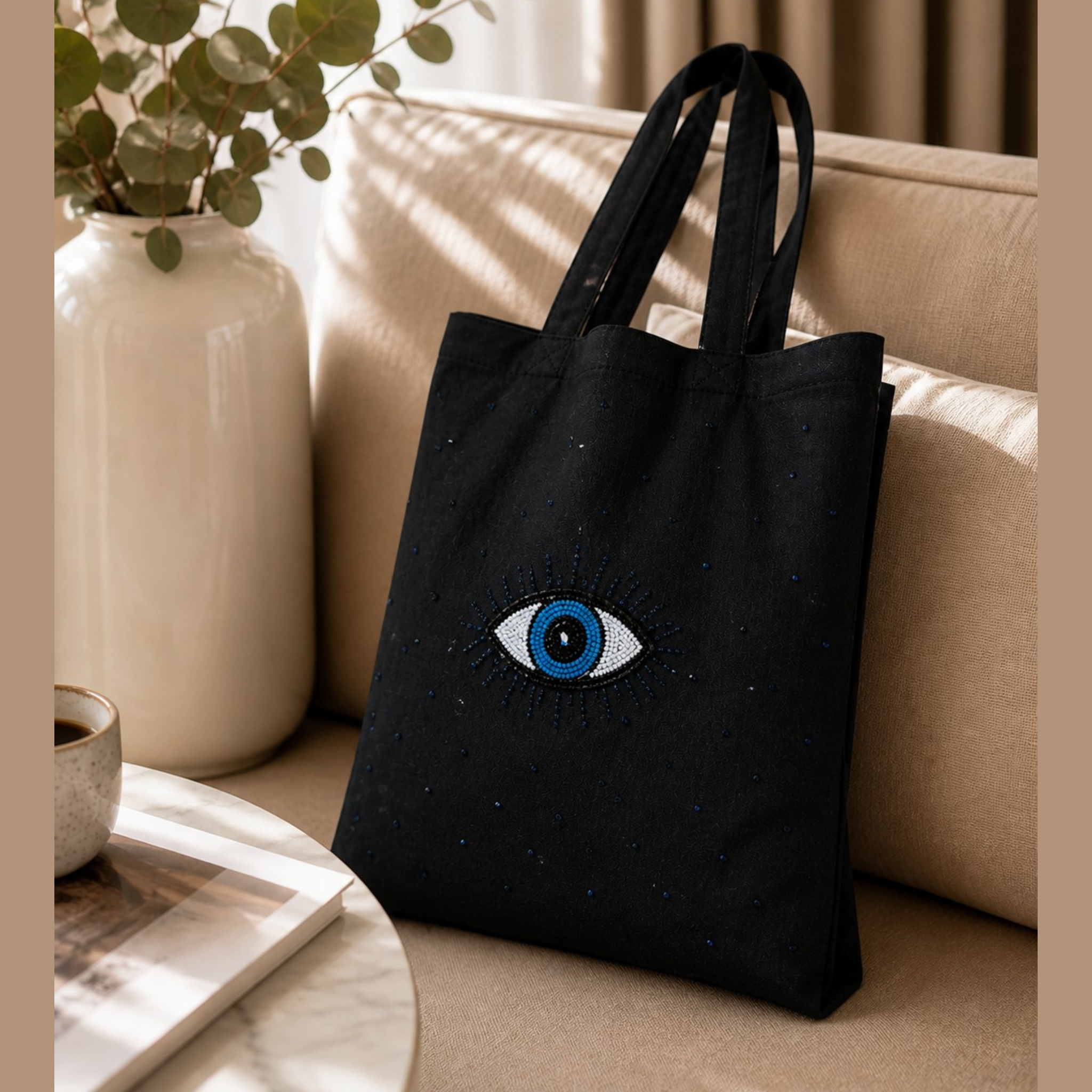 Sac tote bag noir en coton fait main – strass œil protecteur – 36x41 cm