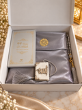 Coffret de prière musulman gris perle & doré – Tapis, Tasbih & 99 Noms d’Allah