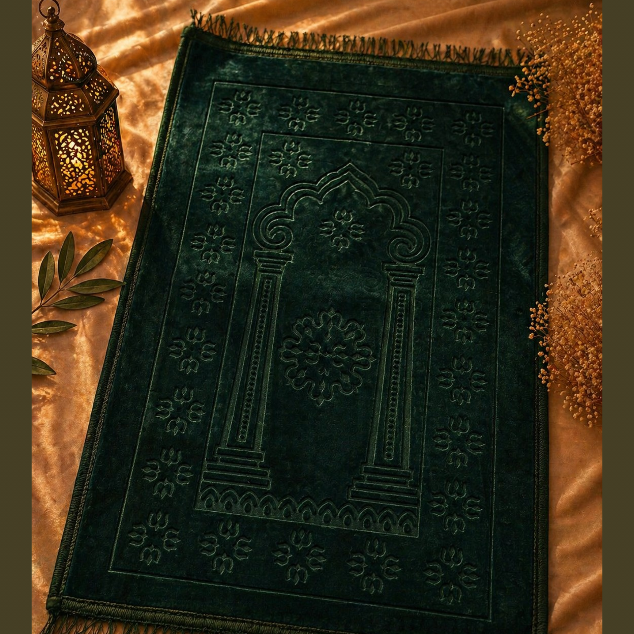 Coffret Prière Luxe Personnalisable – Tapis 110x70cm, Citadelle du Musulman, marque page artisanal en résine & Musc Tahara Pistache 12ml
